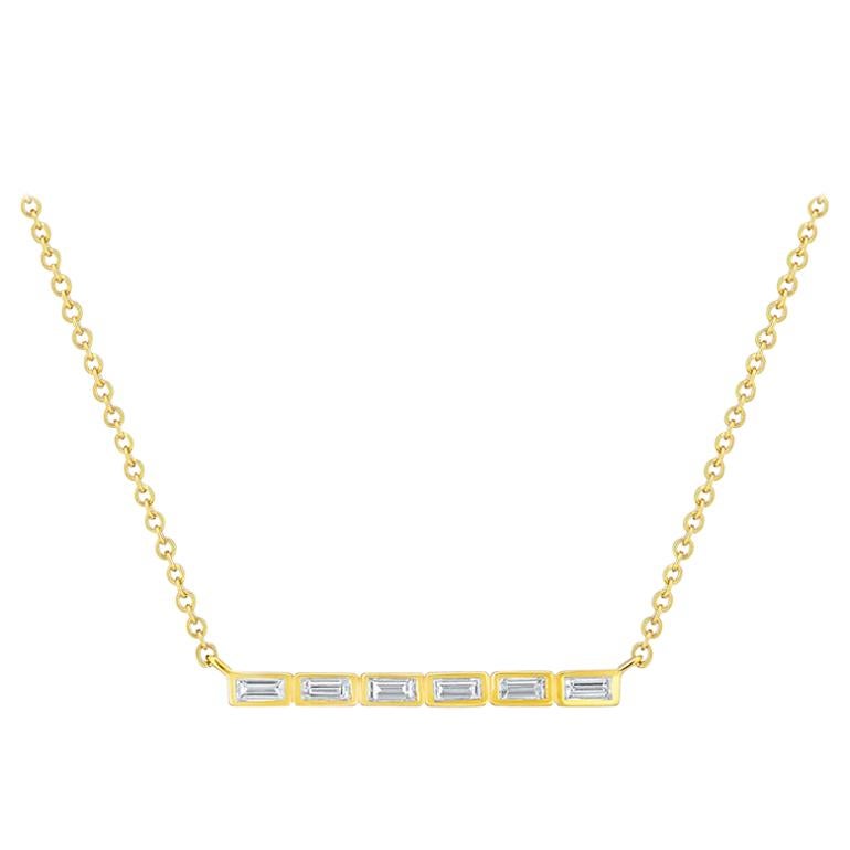 Conflict Free 1/2 Carat Diamond Baguette Bar Necklace in 14 Karat Yellow Gold For Sale