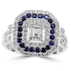 Diamond Baguette & Blue Sapphire Round 18 Karat White Gold Triple Halo Ring