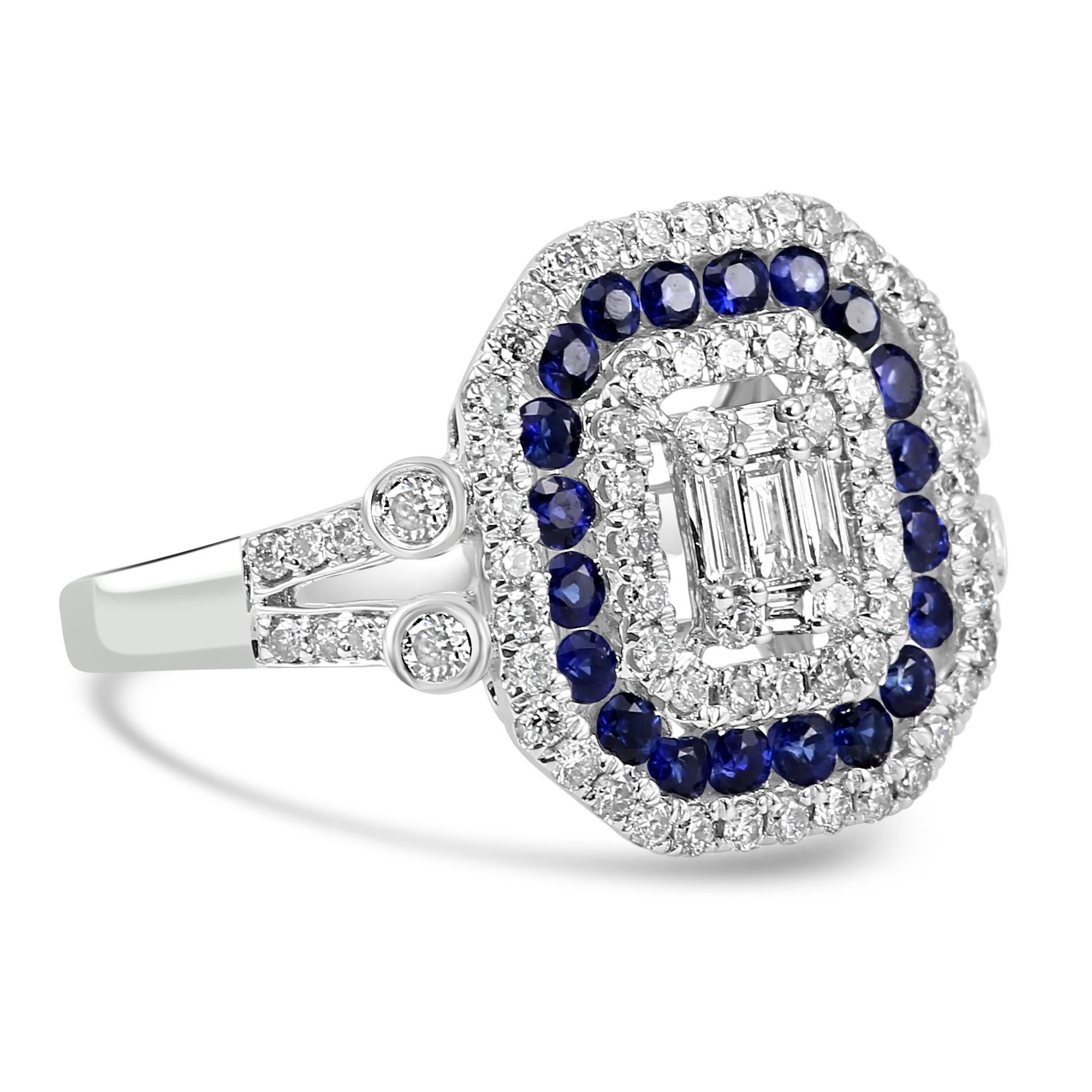 Modern Diamond Baguette & Blue Sapphire Round 18 Karat White Gold Triple Halo Ring For Sale