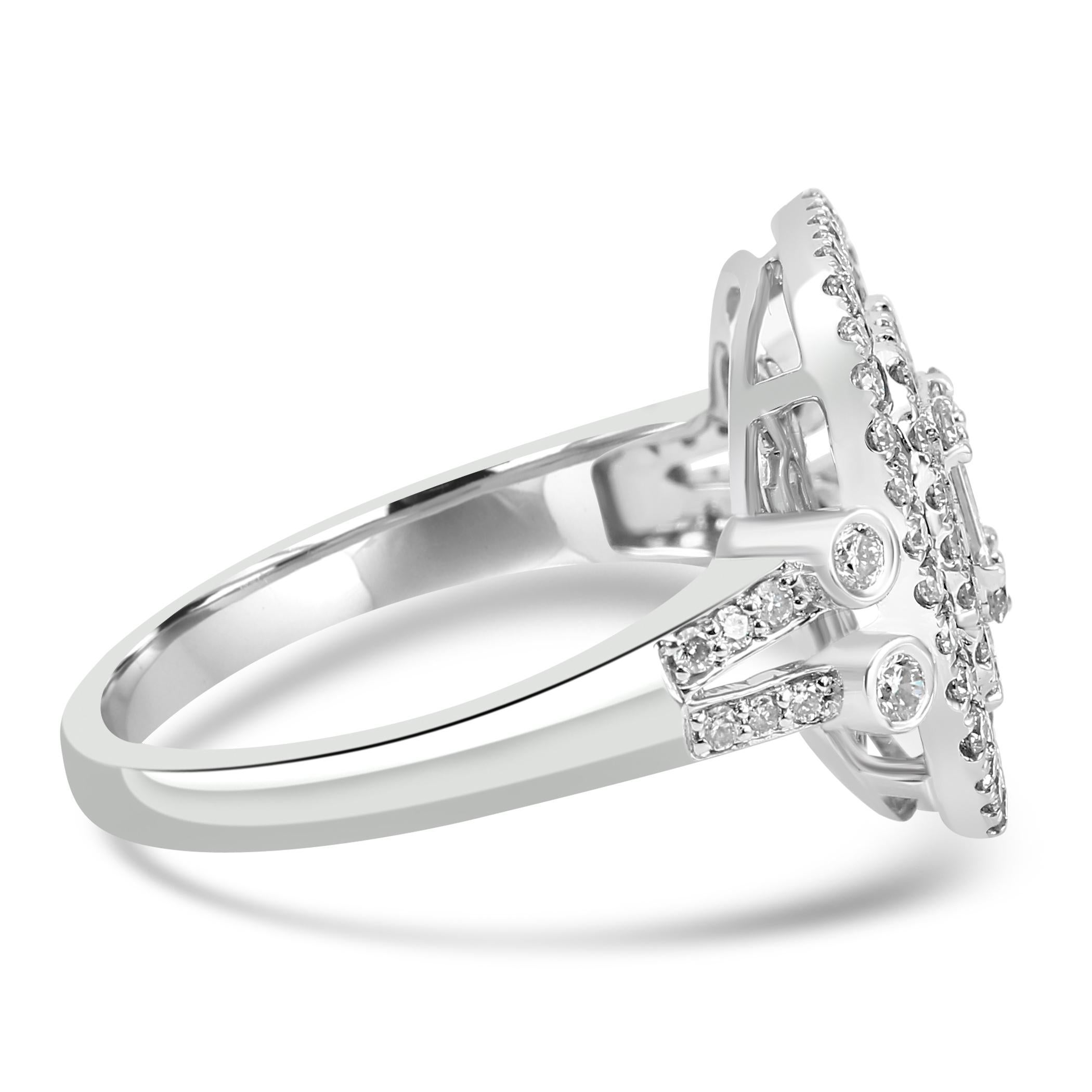 Baguette Cut Diamond Baguette & Blue Sapphire Round 18 Karat White Gold Triple Halo Ring For Sale