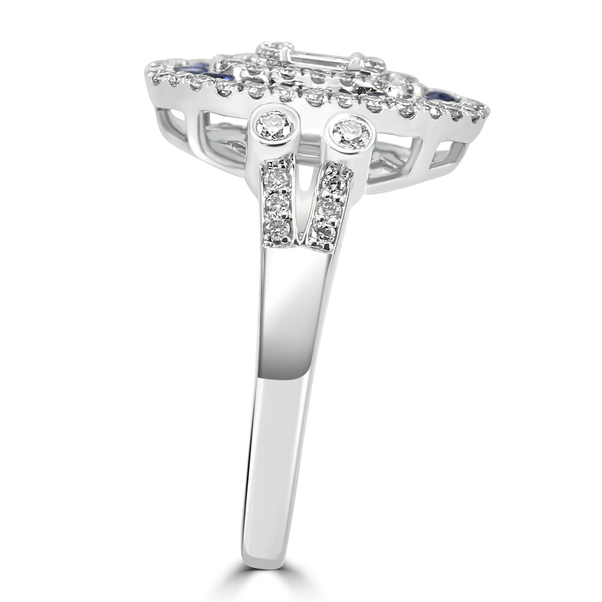 Diamond Baguette & Blue Sapphire Round 18 Karat White Gold Triple Halo Ring In New Condition For Sale In New York, NY