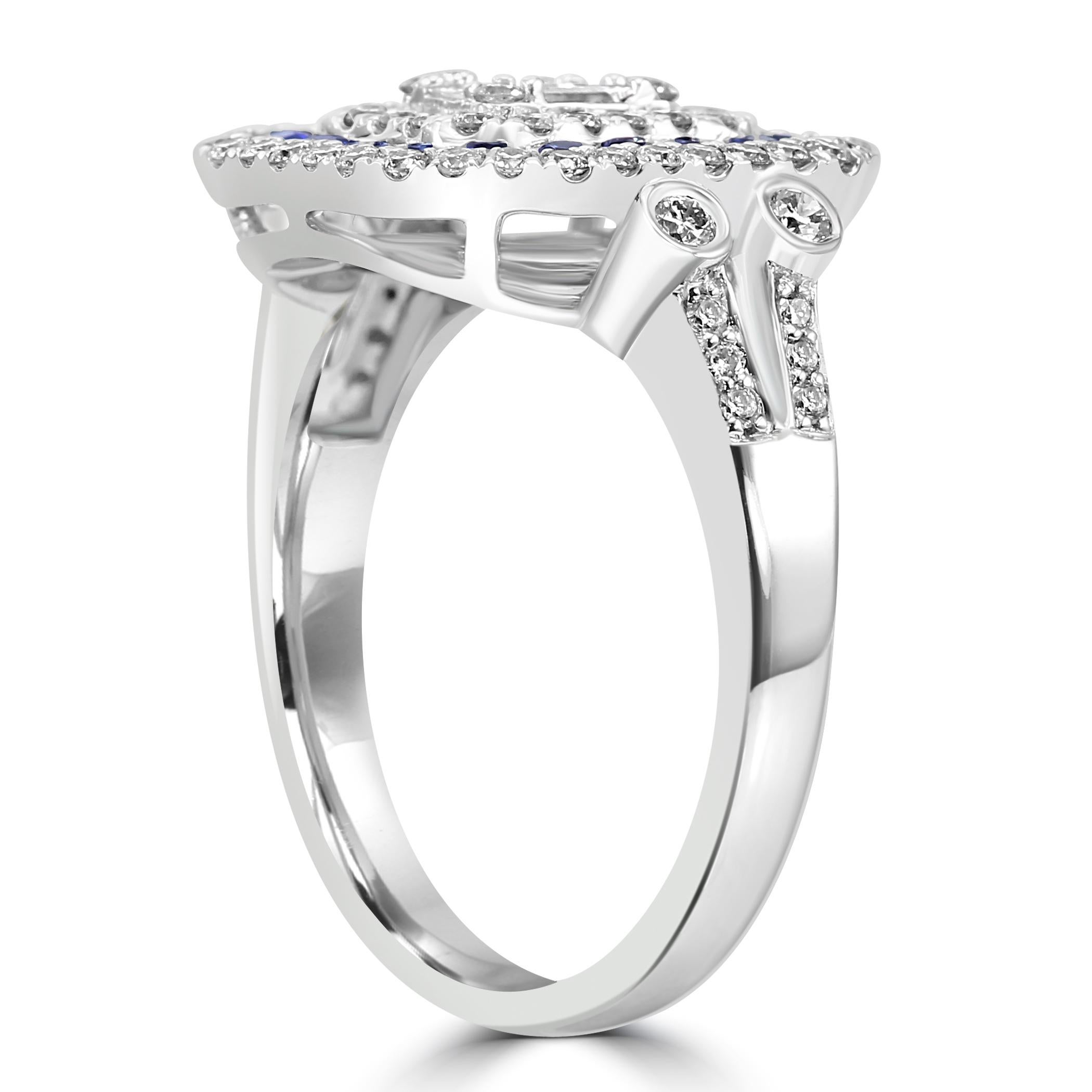 Women's or Men's Diamond Baguette & Blue Sapphire Round 18 Karat White Gold Triple Halo Ring For Sale