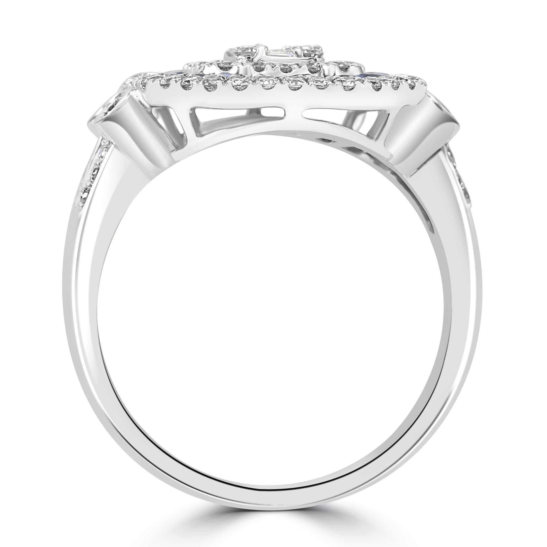 Diamond Baguette & Blue Sapphire Round 18 Karat White Gold Triple Halo Ring For Sale 1