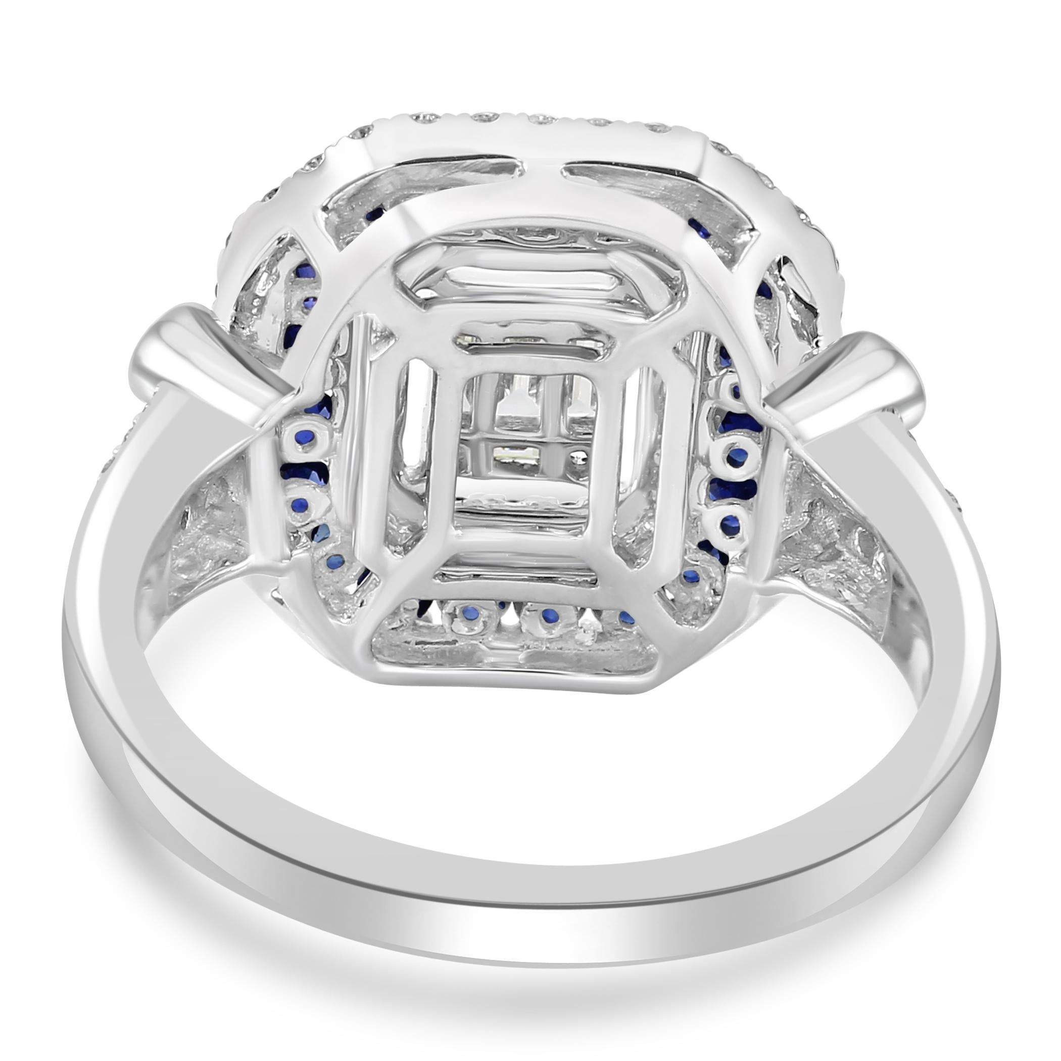 Diamond Baguette & Blue Sapphire Round 18 Karat White Gold Triple Halo Ring For Sale 2