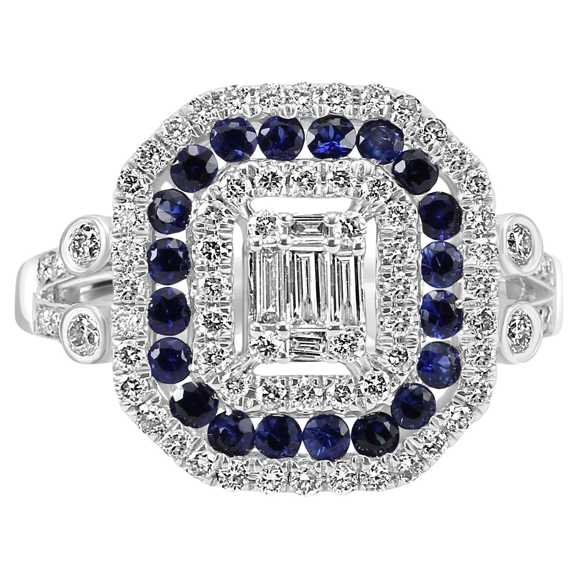 Diamond Baguette & Blue Sapphire Round 18 Karat White Gold Triple Halo Ring