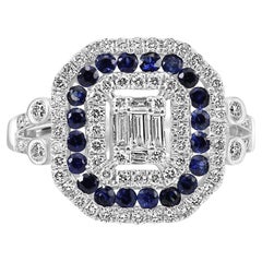Diamant Baguette & Blauer Saphir Runder 18 Karat Weißgold Dreifach-Halo-Ring mit Diamanten
