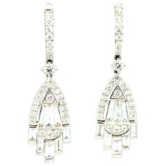 Diamond Baguette Chandelier Earrings in White Gold, 2.56 Carats Total