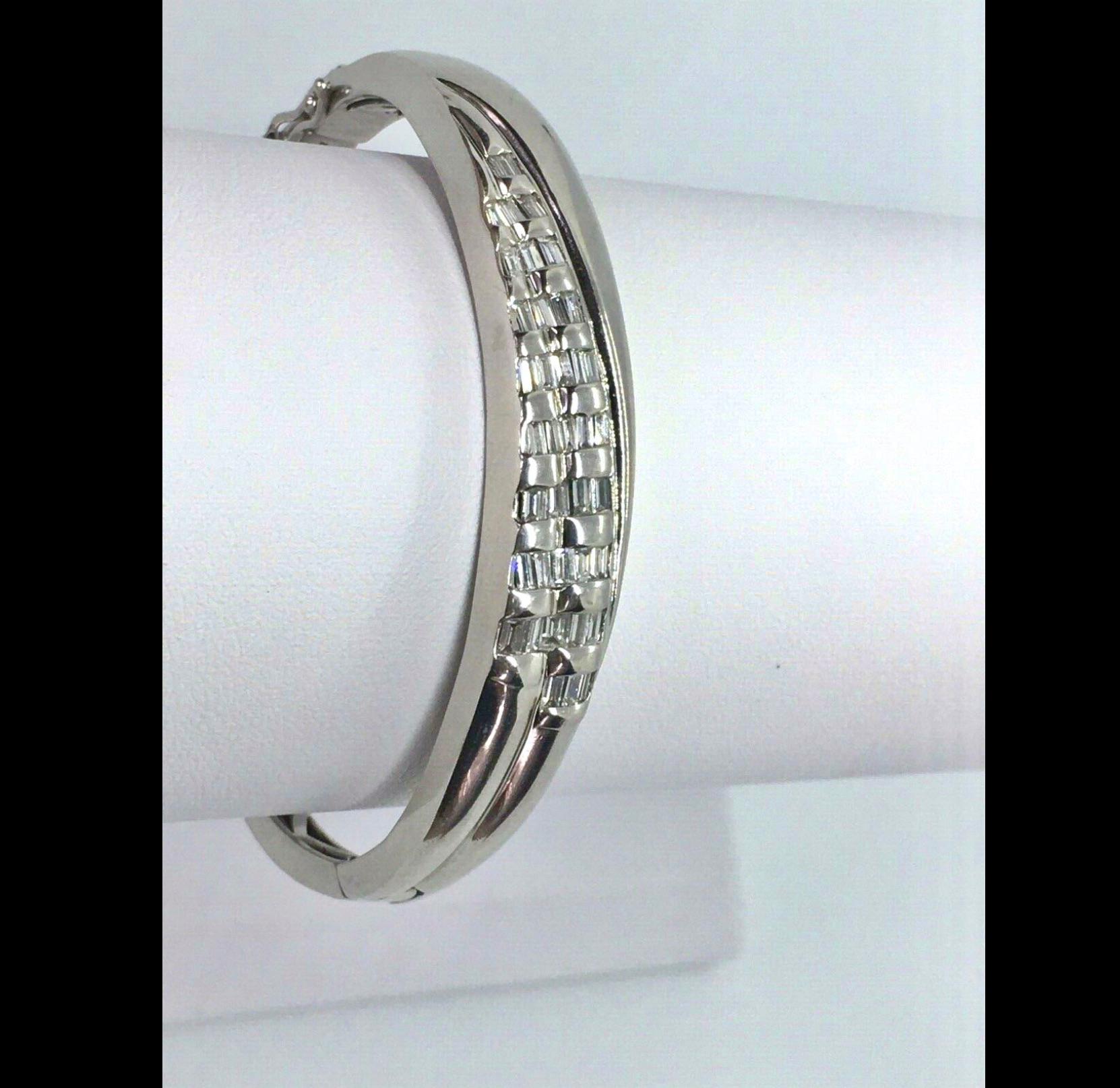 Contemporary Diamond Baguette Cuff Bracelet 18 Karat White Gold 36.3g For Sale