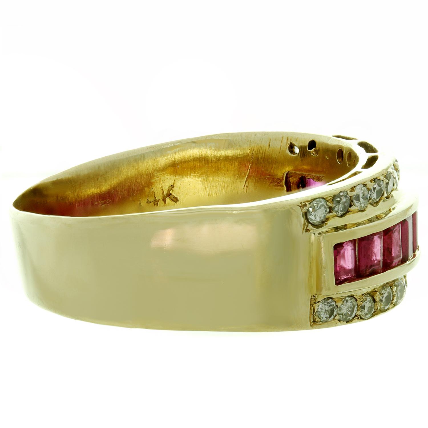 Baguette Cut Diamond Baguette-Cut Ruby Yellow Gold Band Ring For Sale