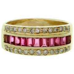 Retro Diamond Baguette-Cut Ruby Yellow Gold Band Ring