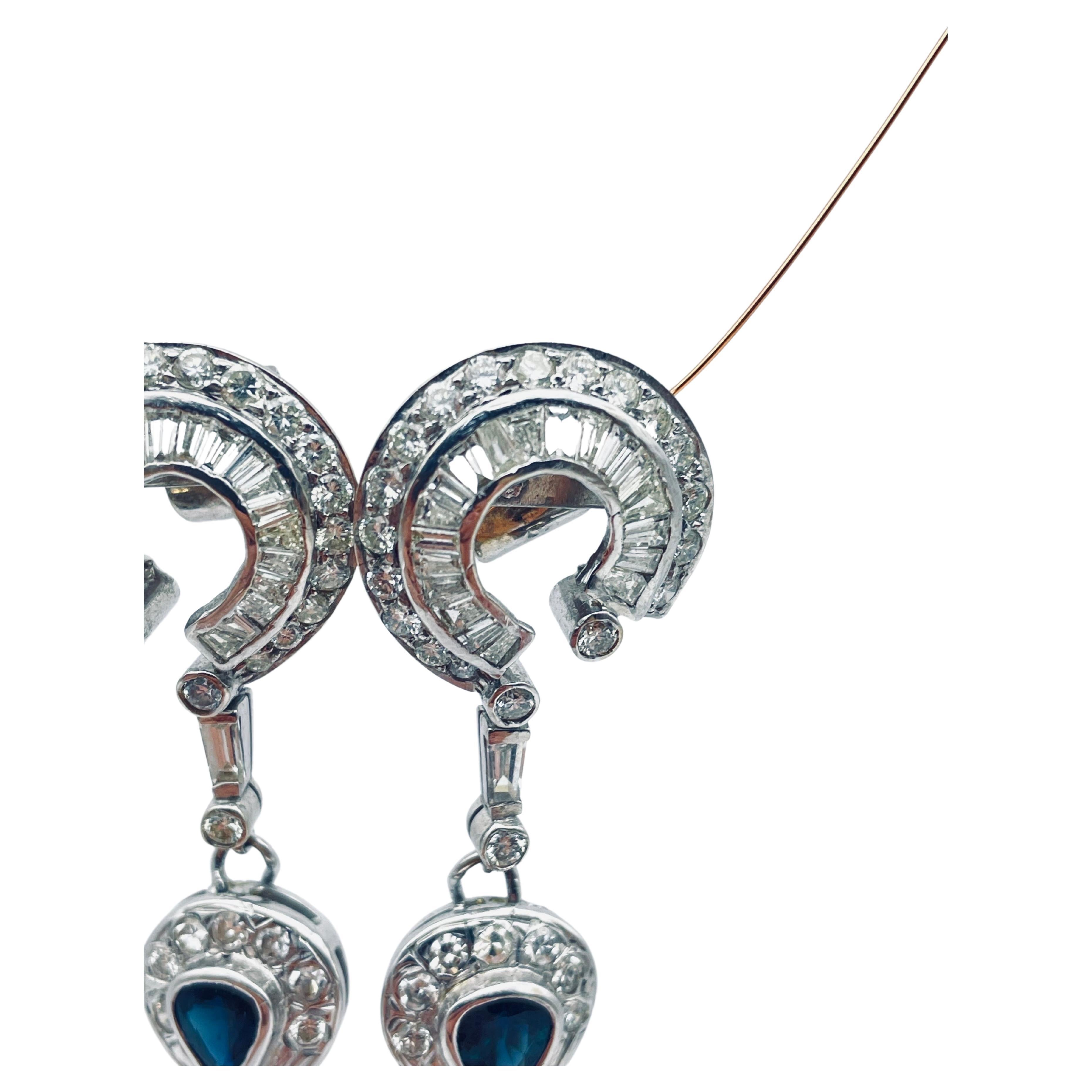 Vintage Diamond drop earrings with sapphire in 18k white gold 4