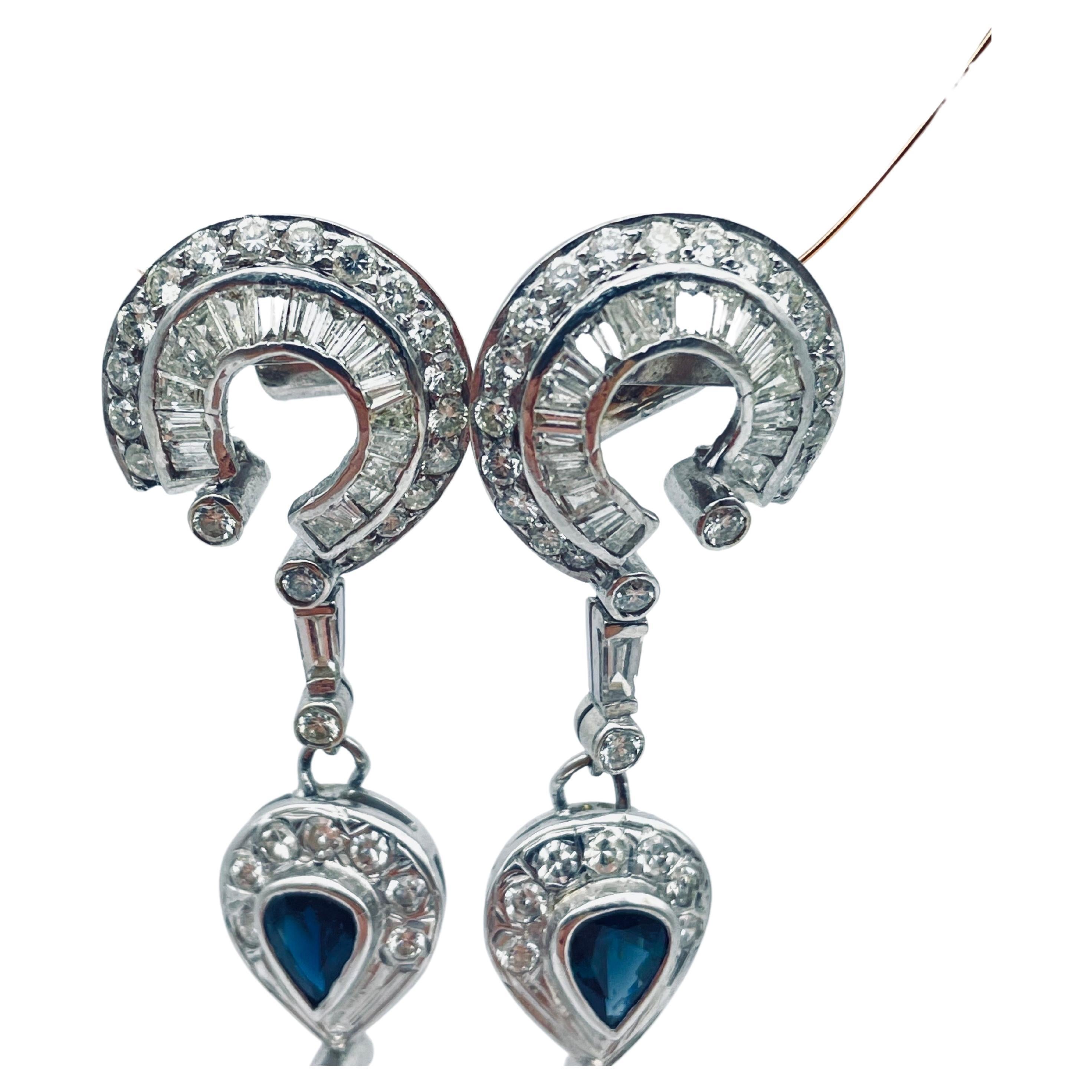 Vintage Diamond drop earrings with sapphire in 18k white gold 5