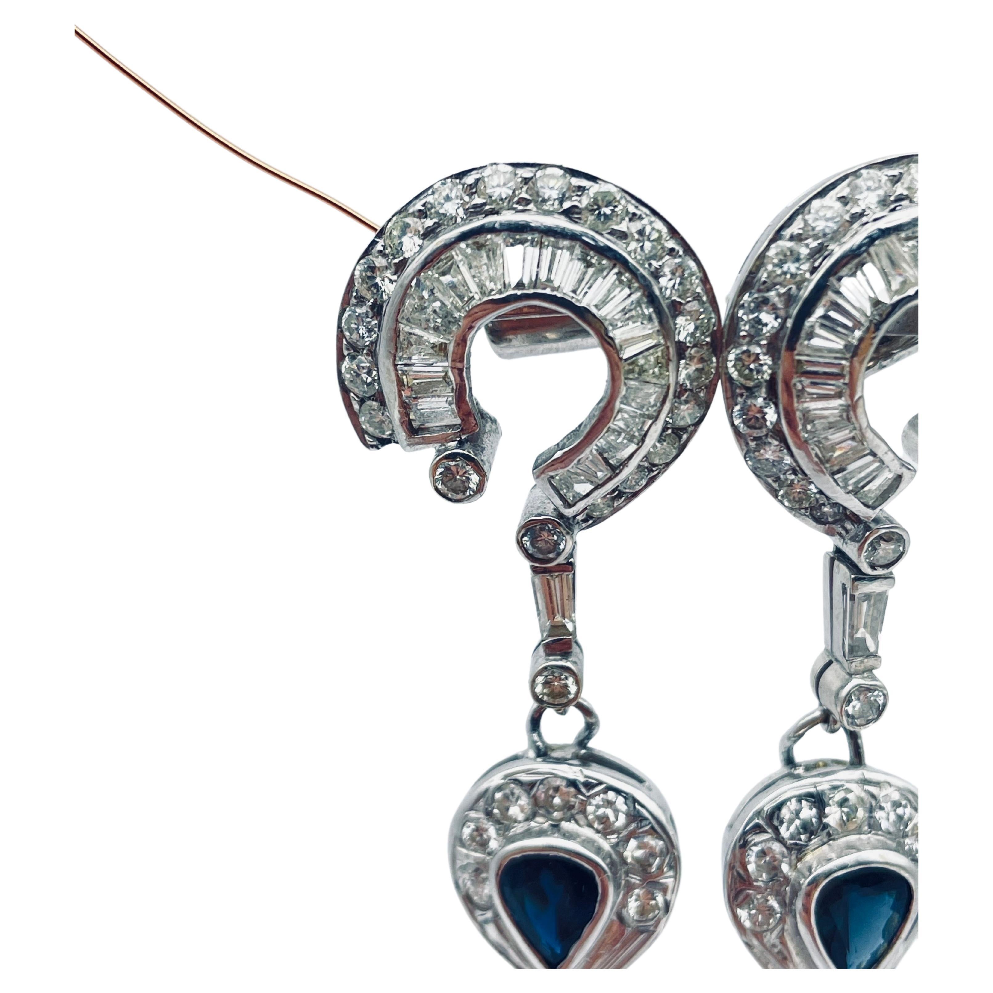 Vintage Diamond drop earrings with sapphire in 18k white gold 6