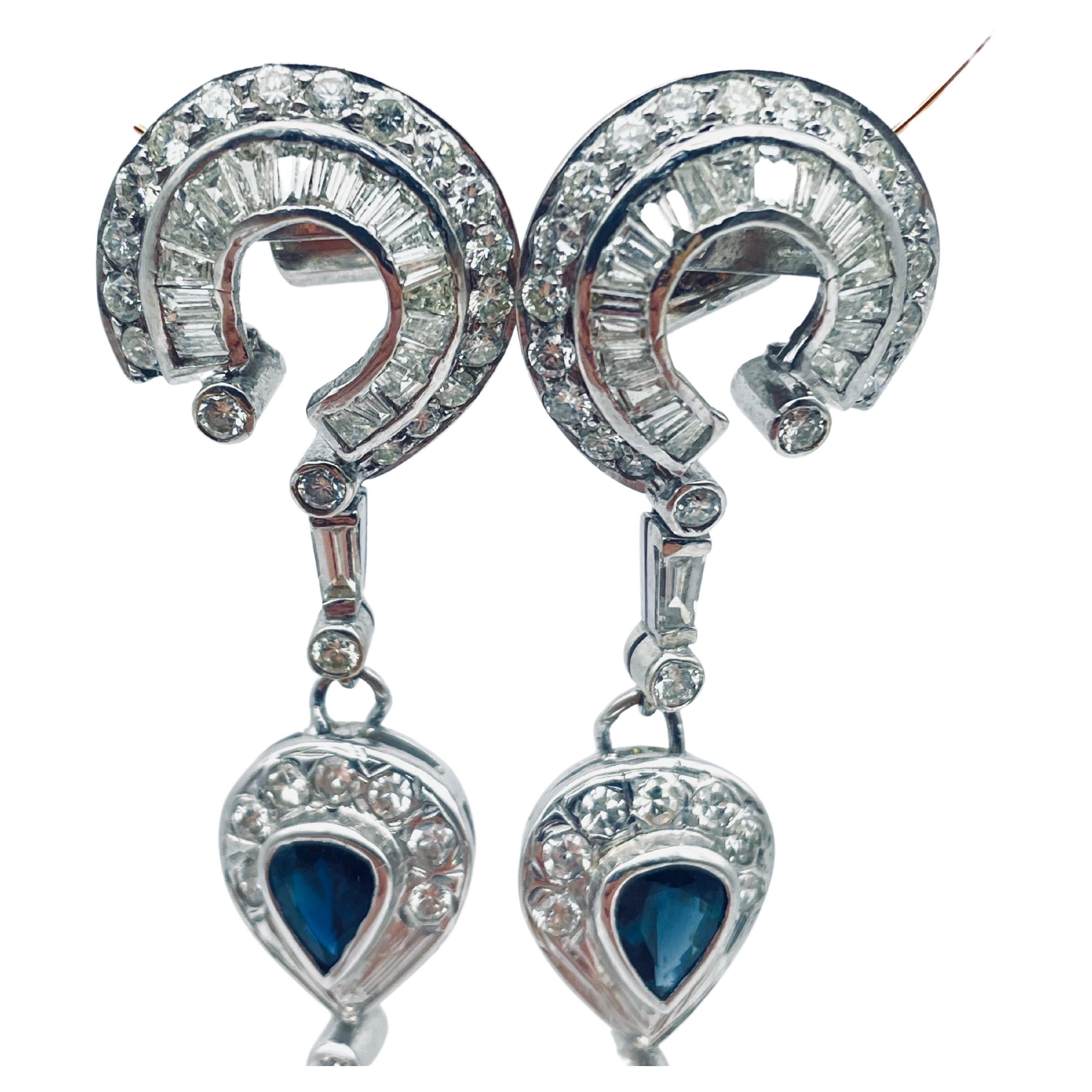 Vintage Diamond drop earrings with sapphire in 18k white gold 7