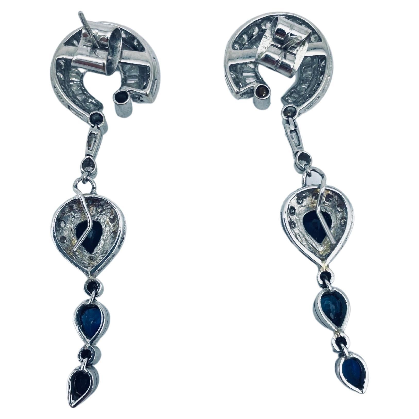 Vintage Diamond drop earrings with sapphire in 18k white gold 2
