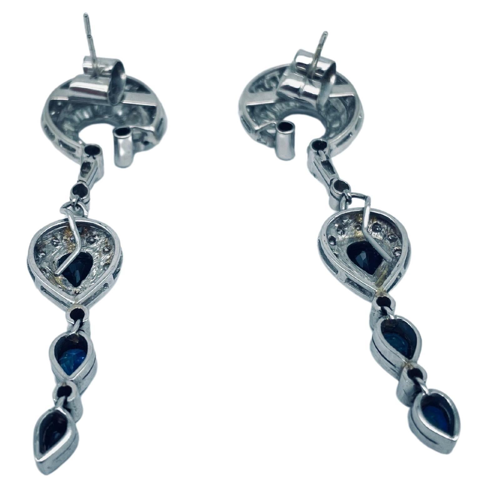 Vintage Diamond drop earrings with sapphire in 18k white gold 3