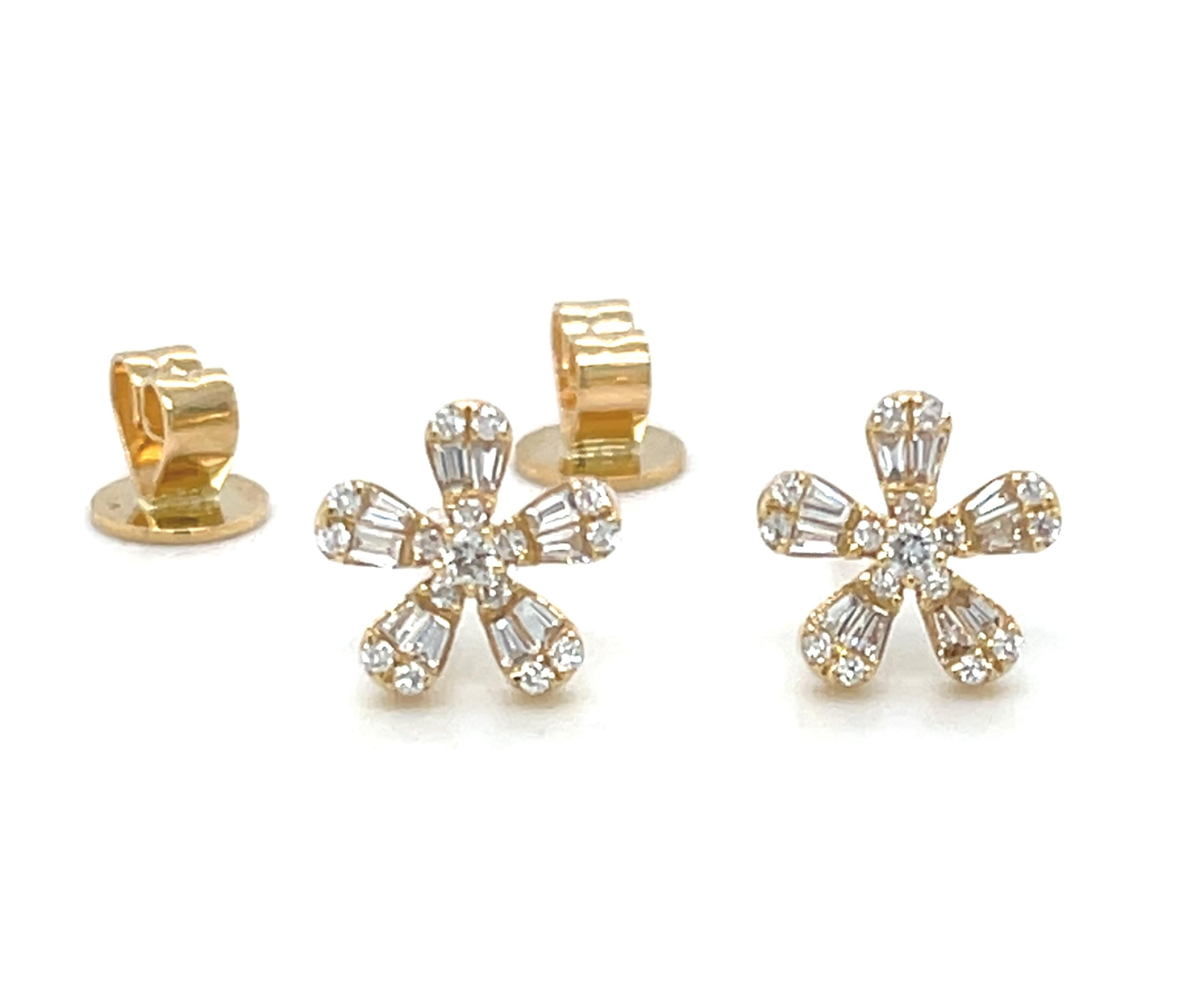 Artisan Diamond Baguette Floral Stud Earrings in 18k Yellow Gold, .18 Carats Total For Sale