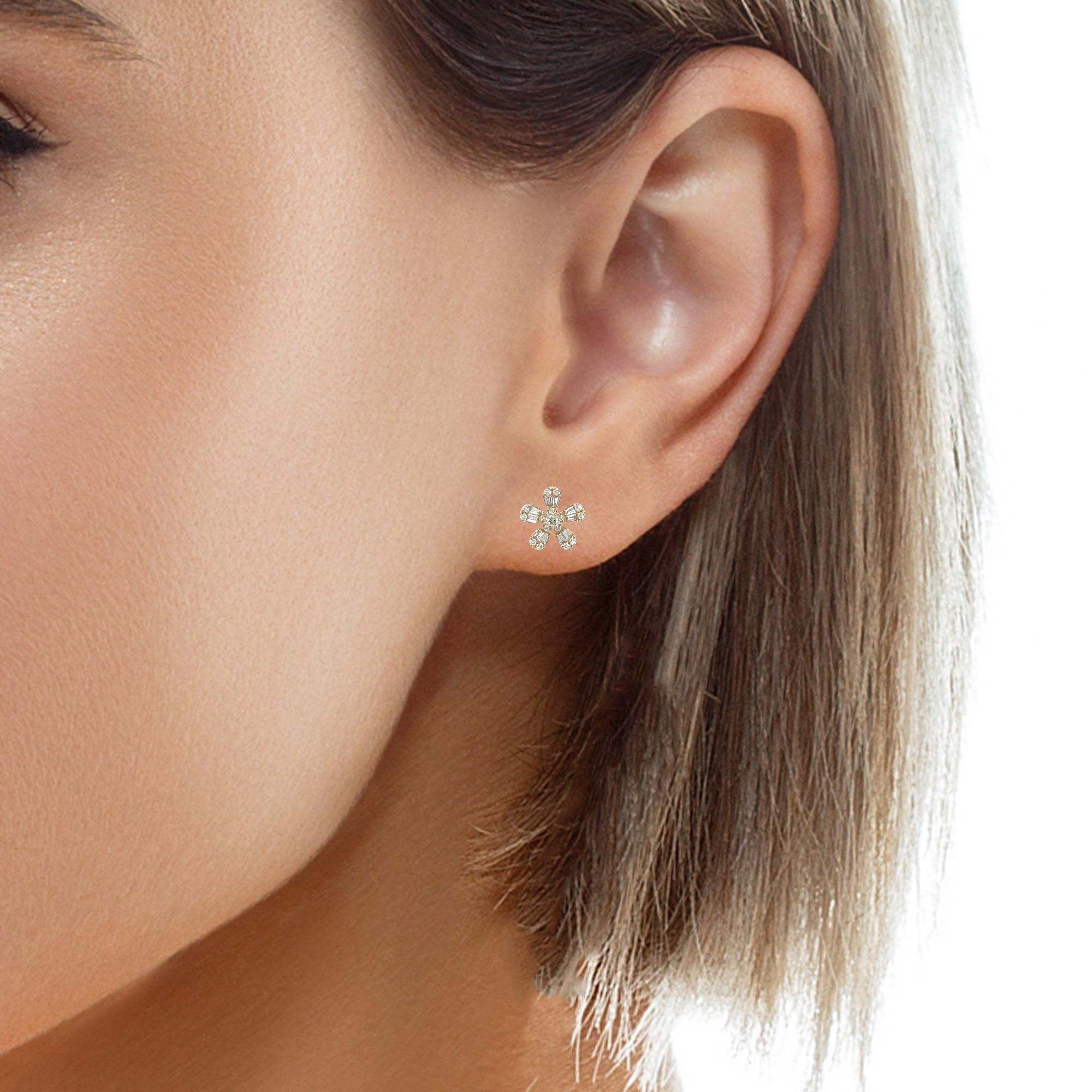 Diamond Baguette Floral Stud Earrings in 18k Yellow Gold, .18 Carats Total For Sale 3