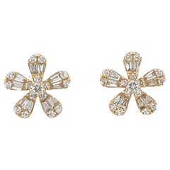 Diamond Baguette Floral Stud Earrings in 18k Yellow Gold, .18 Carats Total