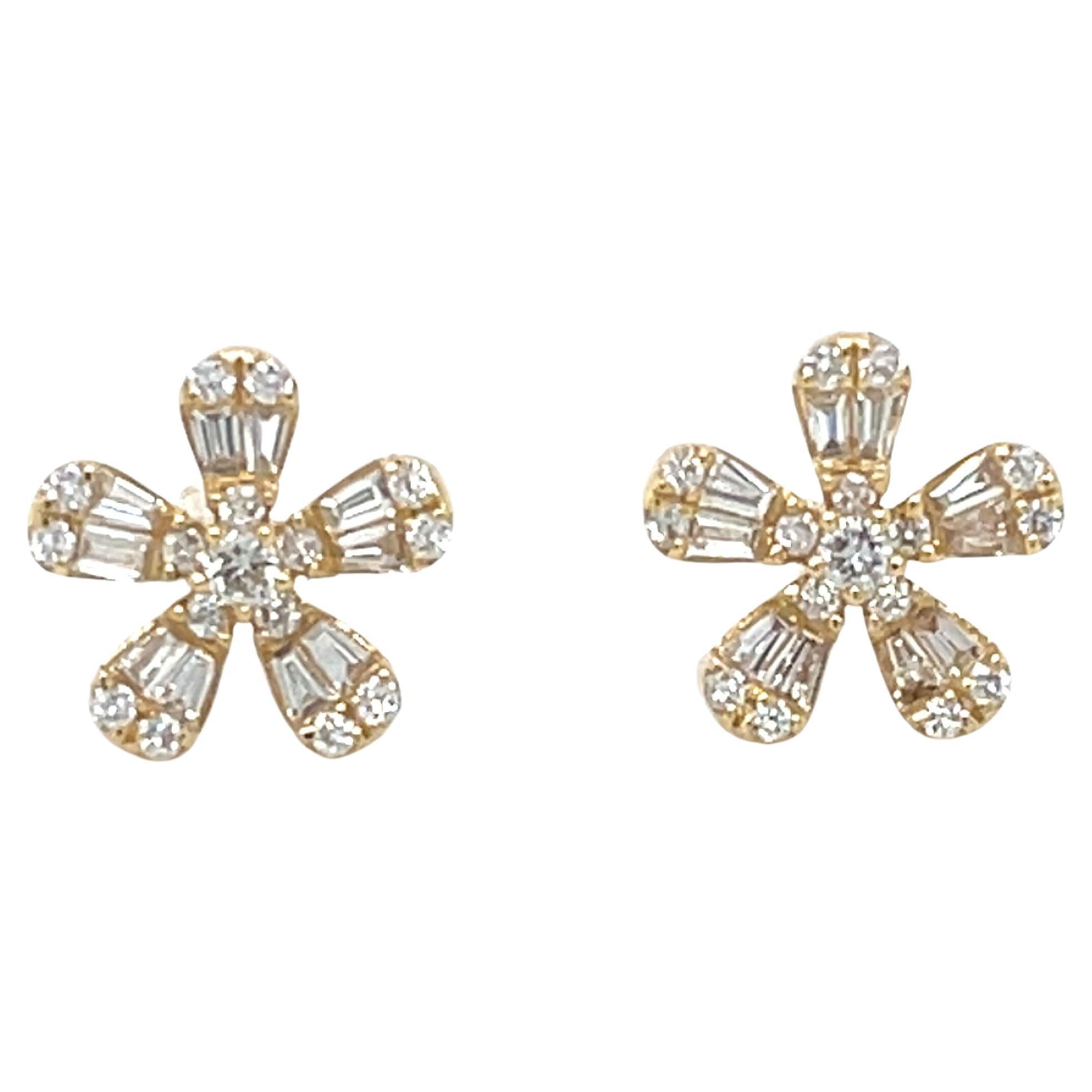 Diamond Baguette Floral Stud Earrings in 18k Yellow Gold, .18 Carats Total For Sale