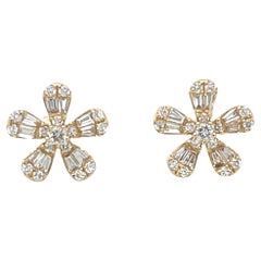 Diamond Baguette Floral Stud Earrings in 18k Yellow Gold, .18 Carats Total