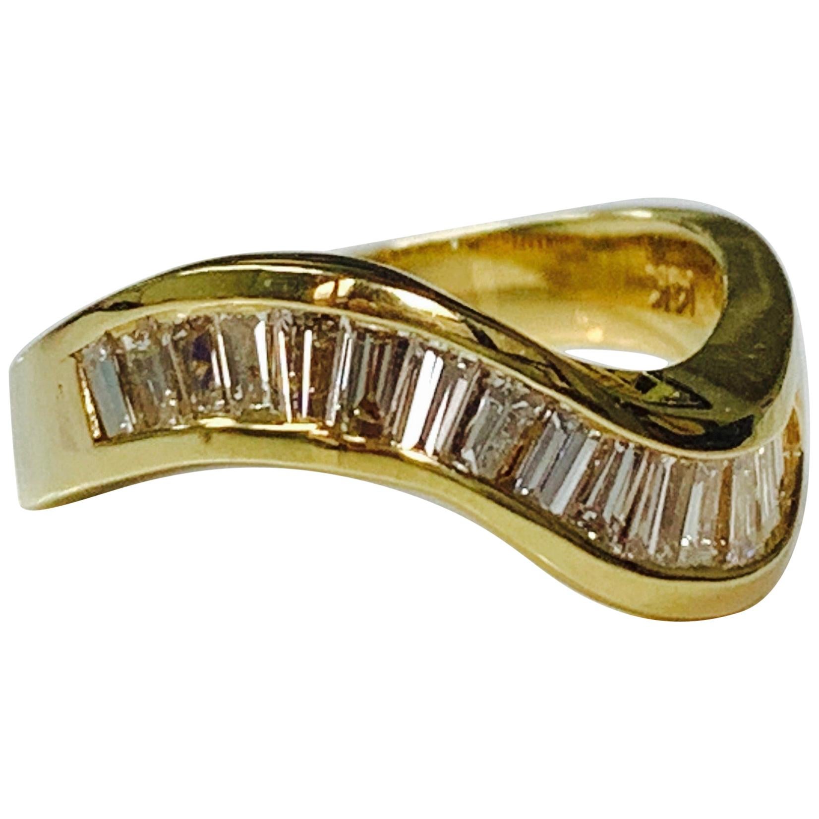 Diamond Baguette Ring in Yellow Gold For Sale