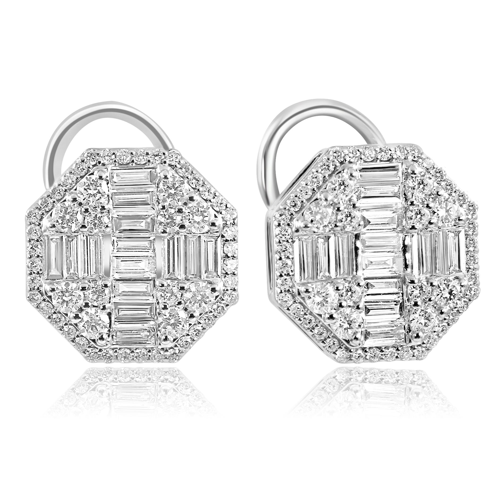Art Deco Diamond Baguette Round Halo 18K White Gold Fashion Cocktail Lever Back Earring For Sale