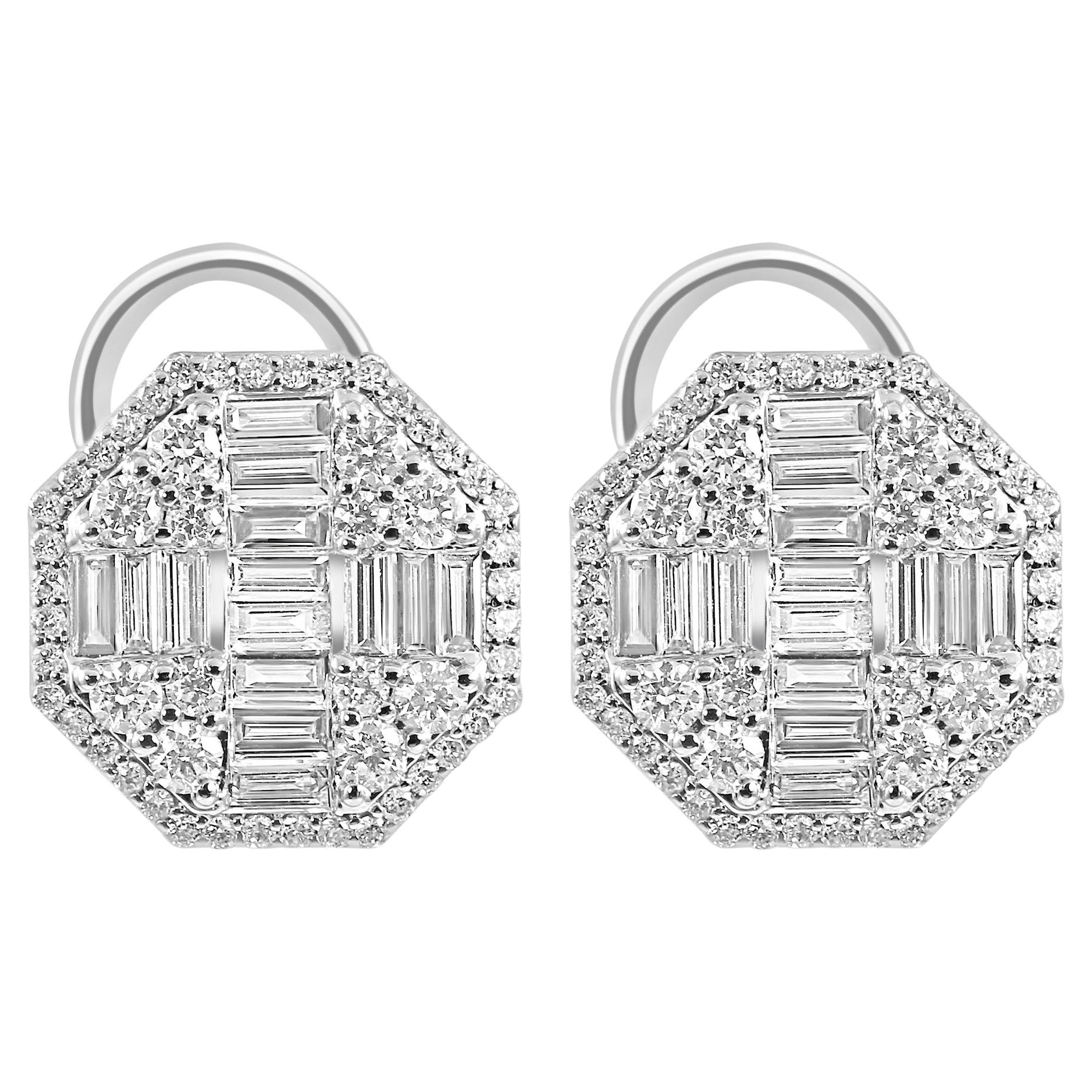 Diamond Baguette Round Halo 18K White Gold Fashion Cocktail Lever Back Earring For Sale