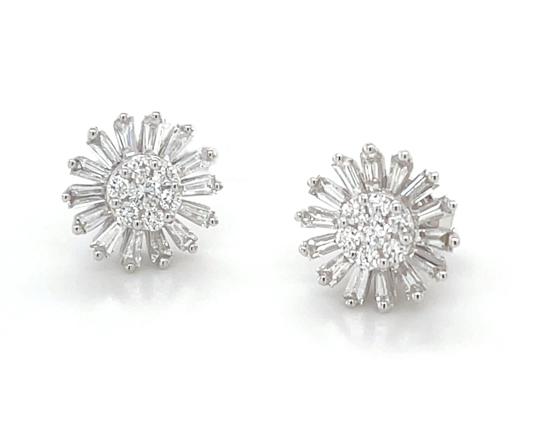 Diamond Baguette Sunflower Earrings in 18k White Gold, .64 Carats Total For Sale 5