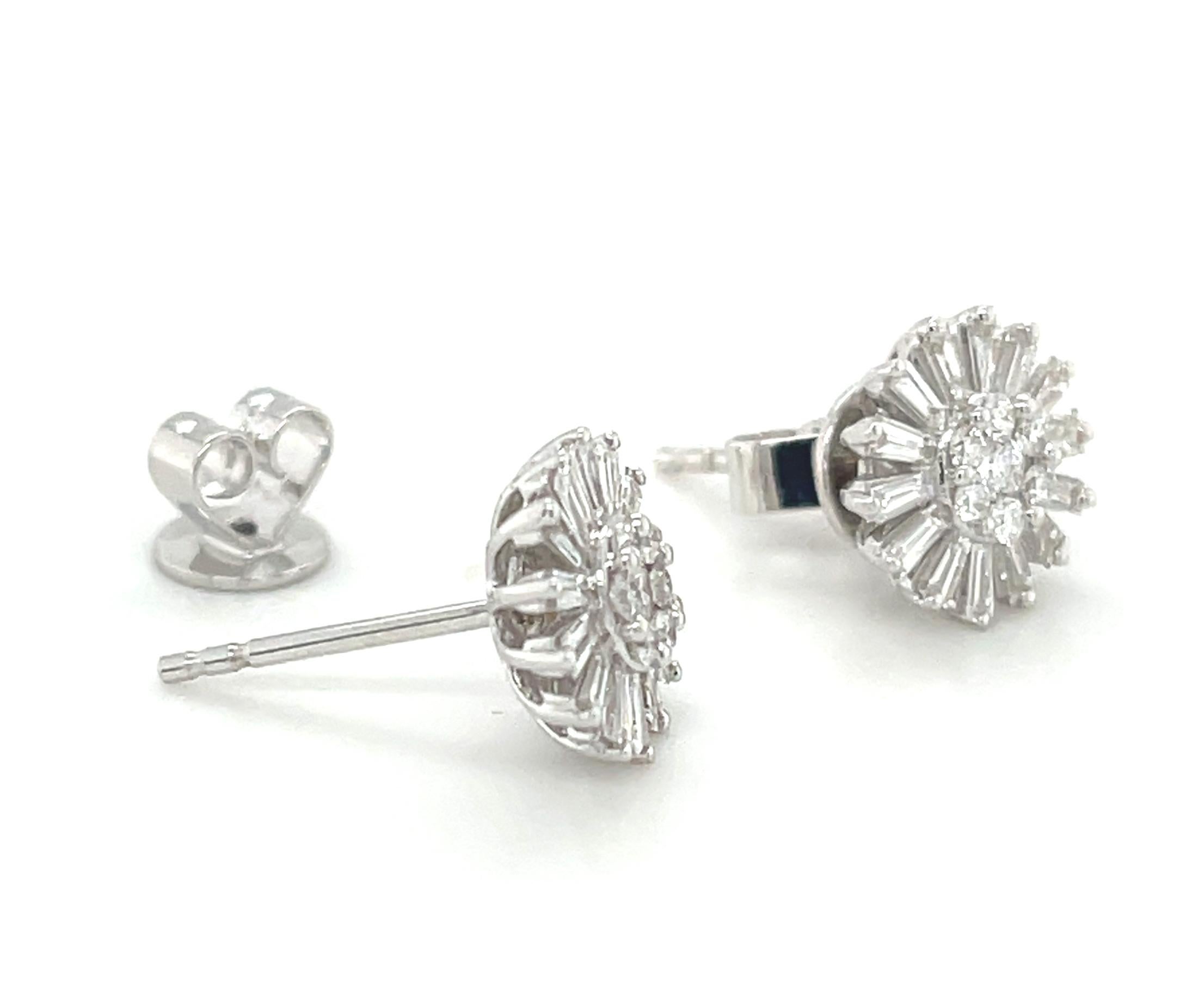 Artisan Diamond Baguette Sunflower Earrings in 18k White Gold, .64 Carats Total For Sale