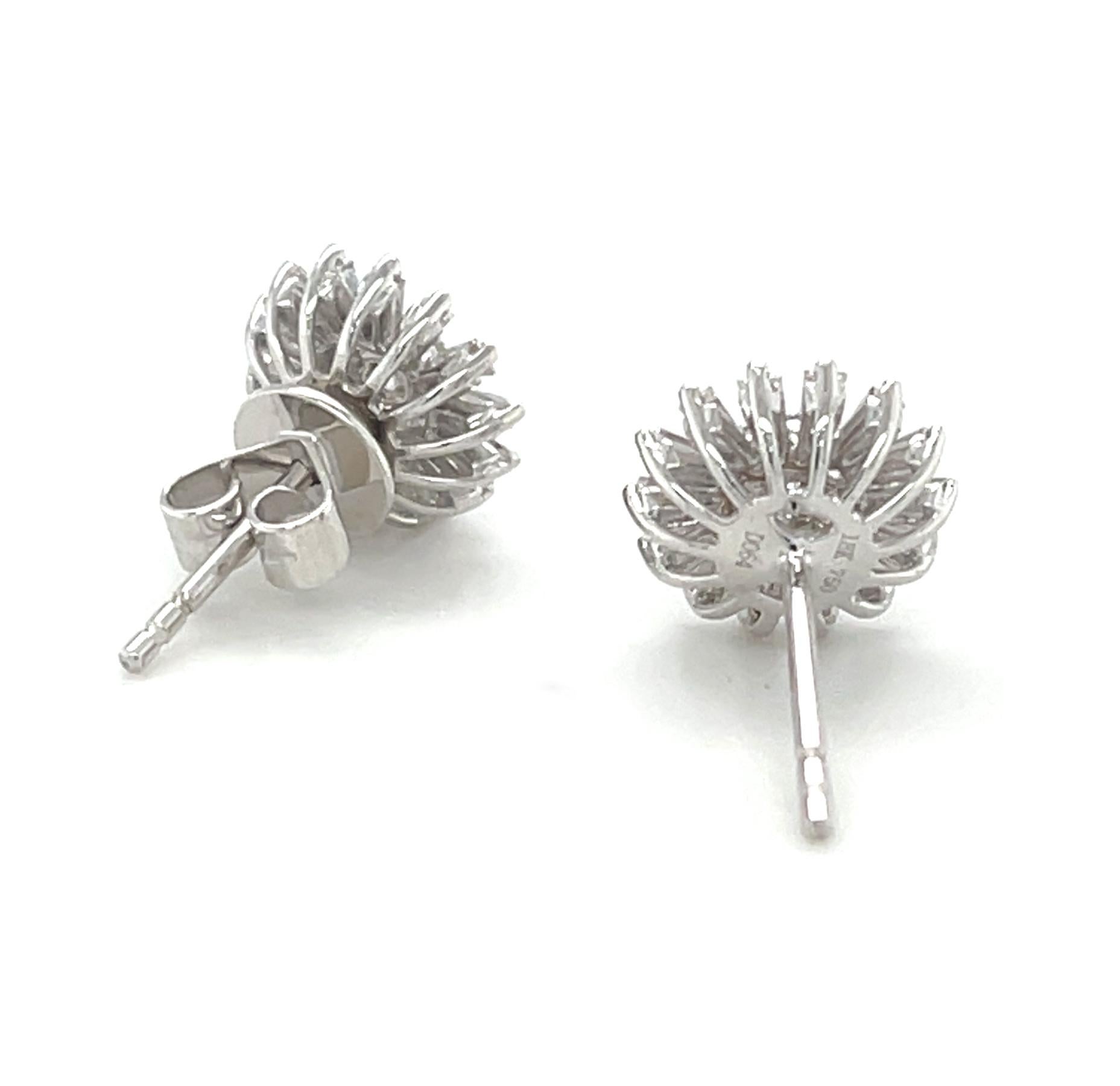 Baguette Cut Diamond Baguette Sunflower Earrings in 18k White Gold, .64 Carats Total For Sale