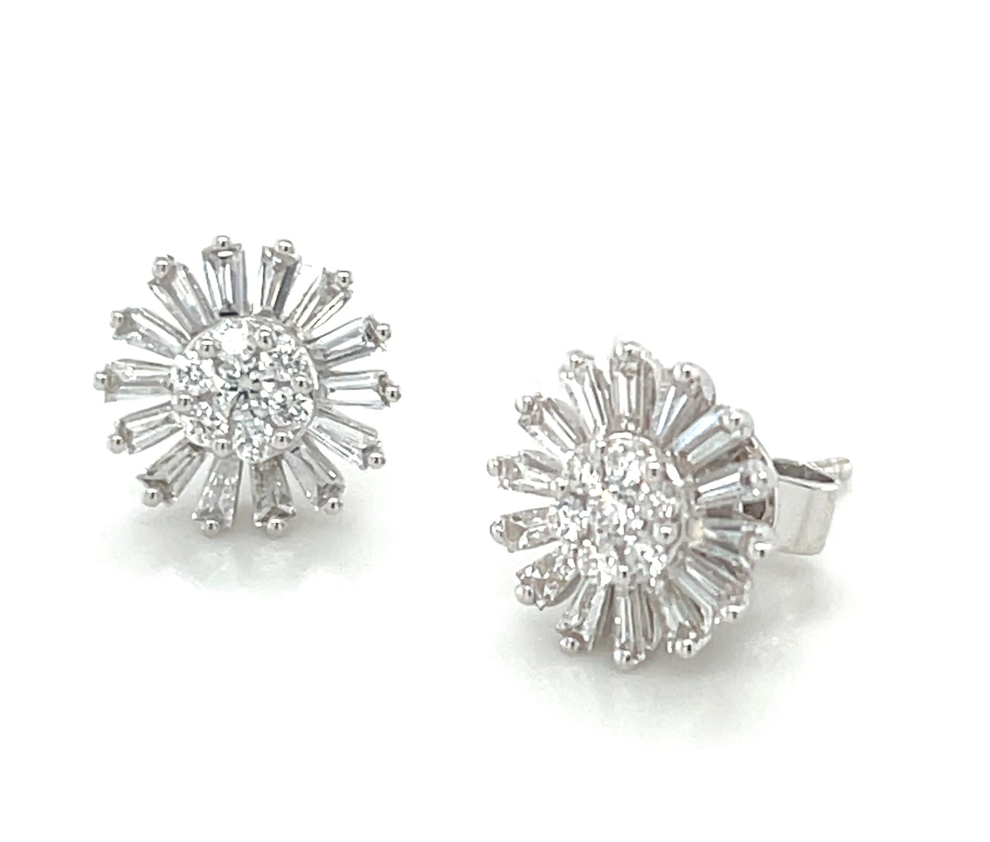 Women's Diamond Baguette Sunflower Earrings in 18k White Gold, .64 Carats Total For Sale
