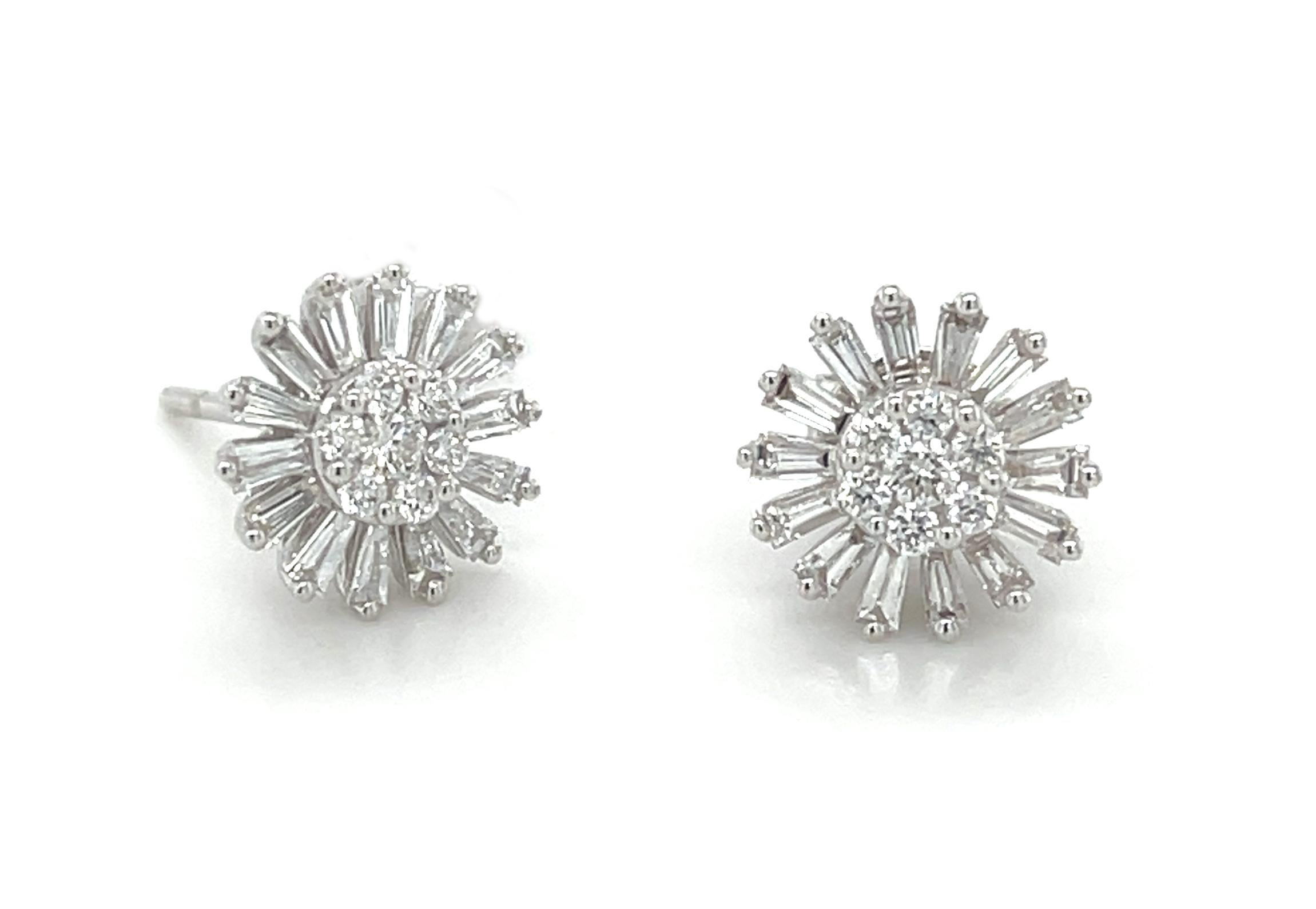Diamond Baguette Sunflower Earrings in 18k White Gold, .64 Carats Total For Sale 1