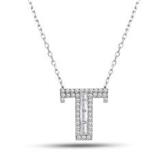 Diamond Baguette T Initial Necklace 14K Solid White Gold, Letter Pendants Chain