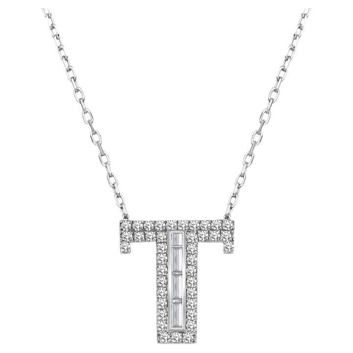 Diamond Baguette T Initial Necklace 14K Solid White Gold, Letter Pendants Chain