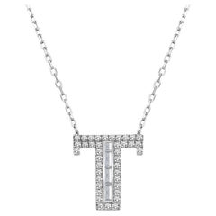 Diamond Baguette T Initial Necklace 14K Solid White Gold, Letter Pendants Chain