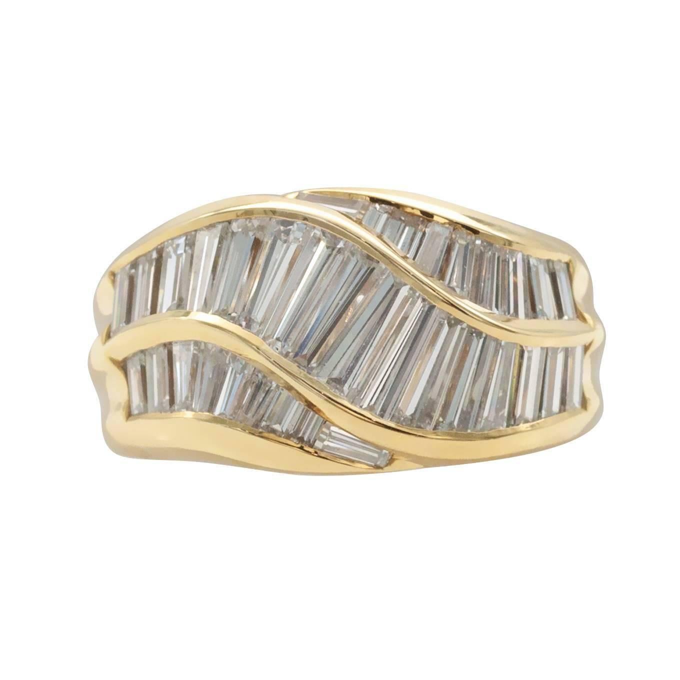 Diamond Baguette Yellow Gold Ring For Sale