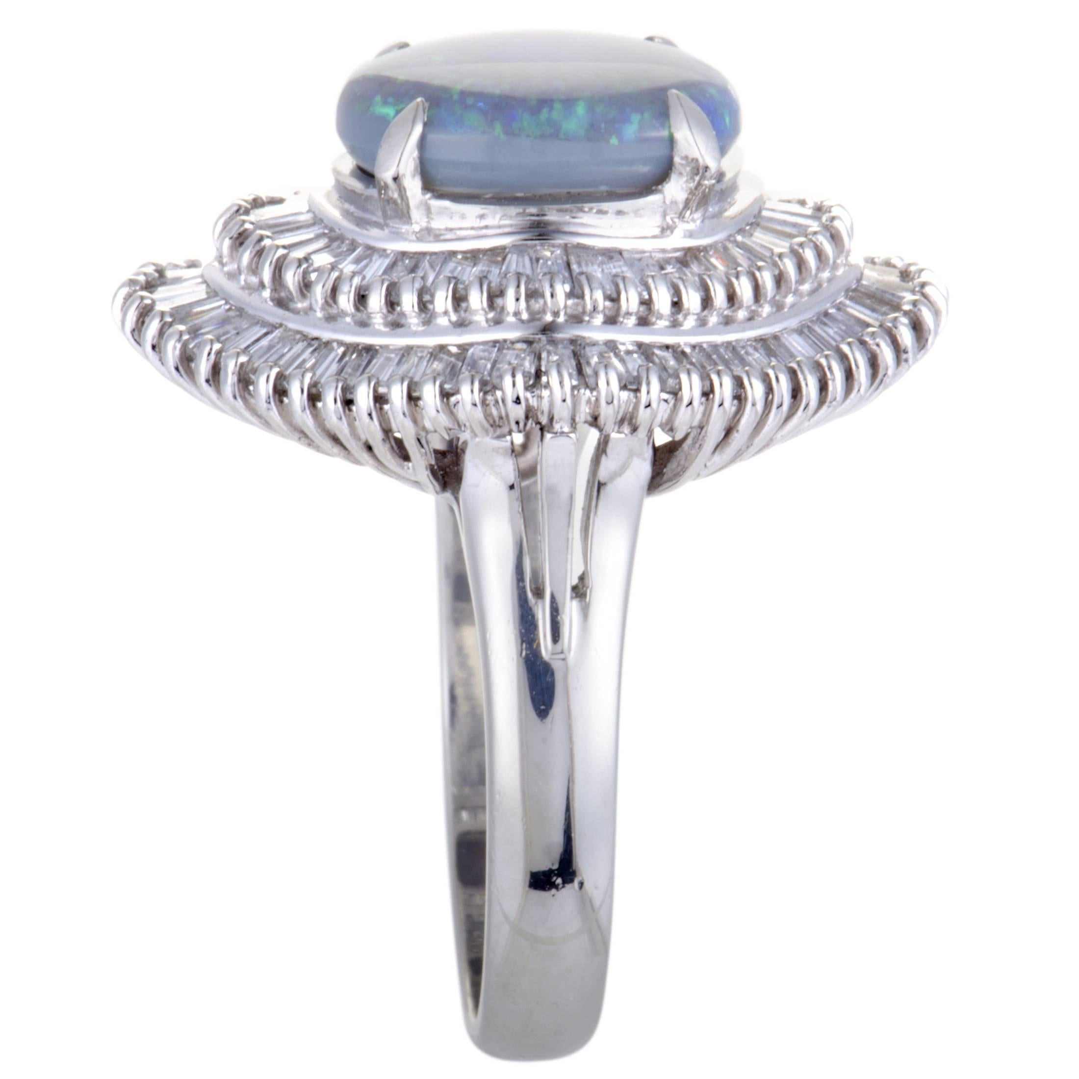 Baguette Cut Diamond Baguettes and 2.30 Carat Blue Opal Platinum Ring