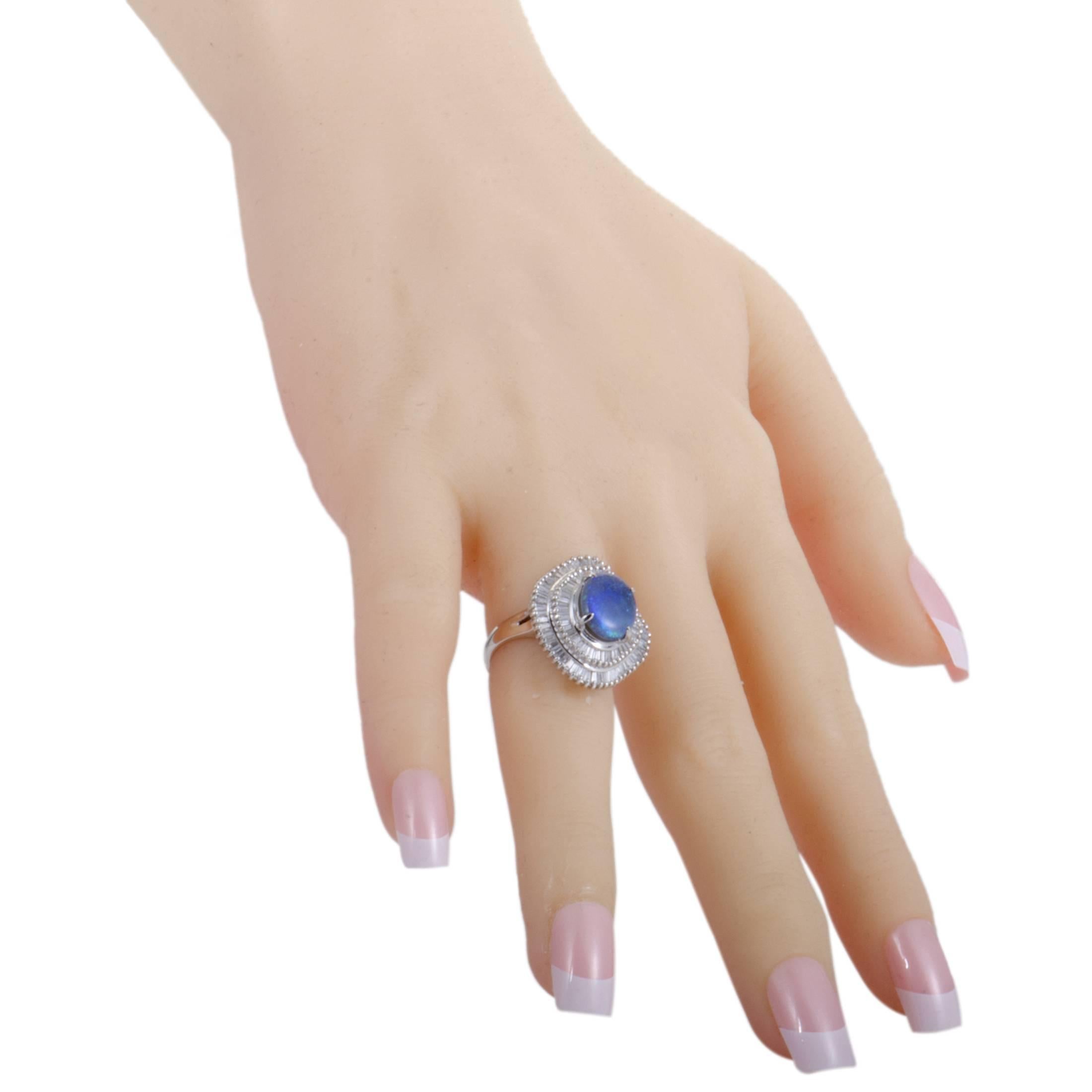 Diamond Baguettes and 2.30 Carat Blue Opal Platinum Ring In Excellent Condition In Southampton, PA