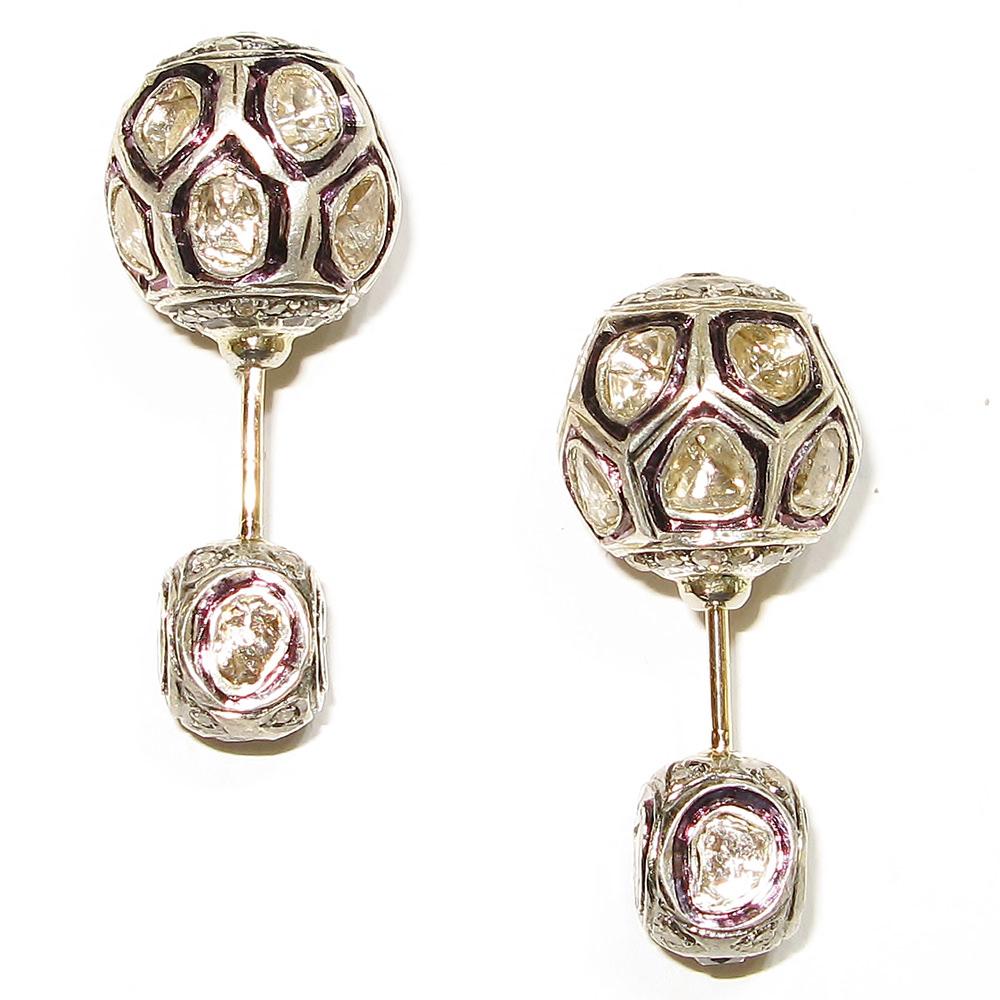 Mixed Cut Rose Cut Diamonds Ball Earrings For Sale