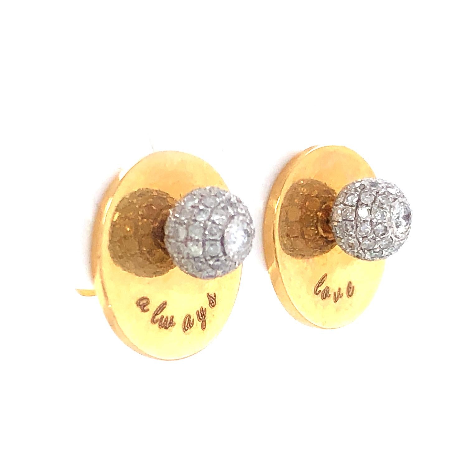 Art Nouveau Diamond Ball Stud Earring Made in 18k Gold With Love Always Engraving For Sale