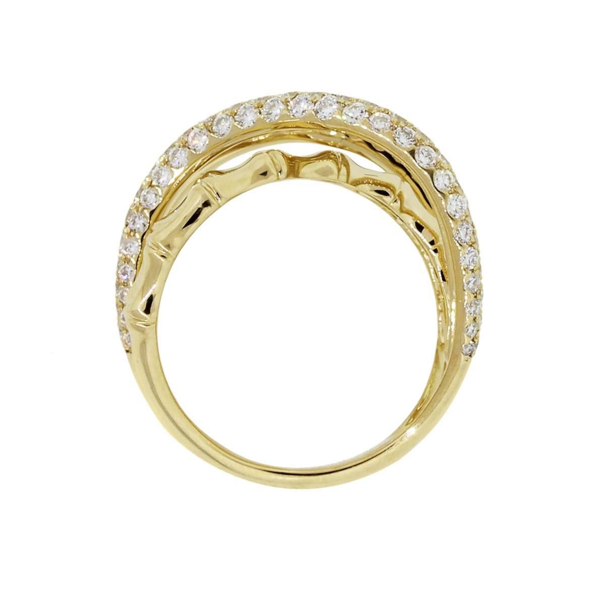 Material: 18k yellow gold
Diamond Details: Approximately 1.44ctw of round brilliant. Diamonds are H/I in color and SI in clarity
Size: 7
Total Weight: 7.5g (4.8dwt)
Measurements: 0.96″ x 0.49″ x 0.86″
Additional Details: This item comes with a