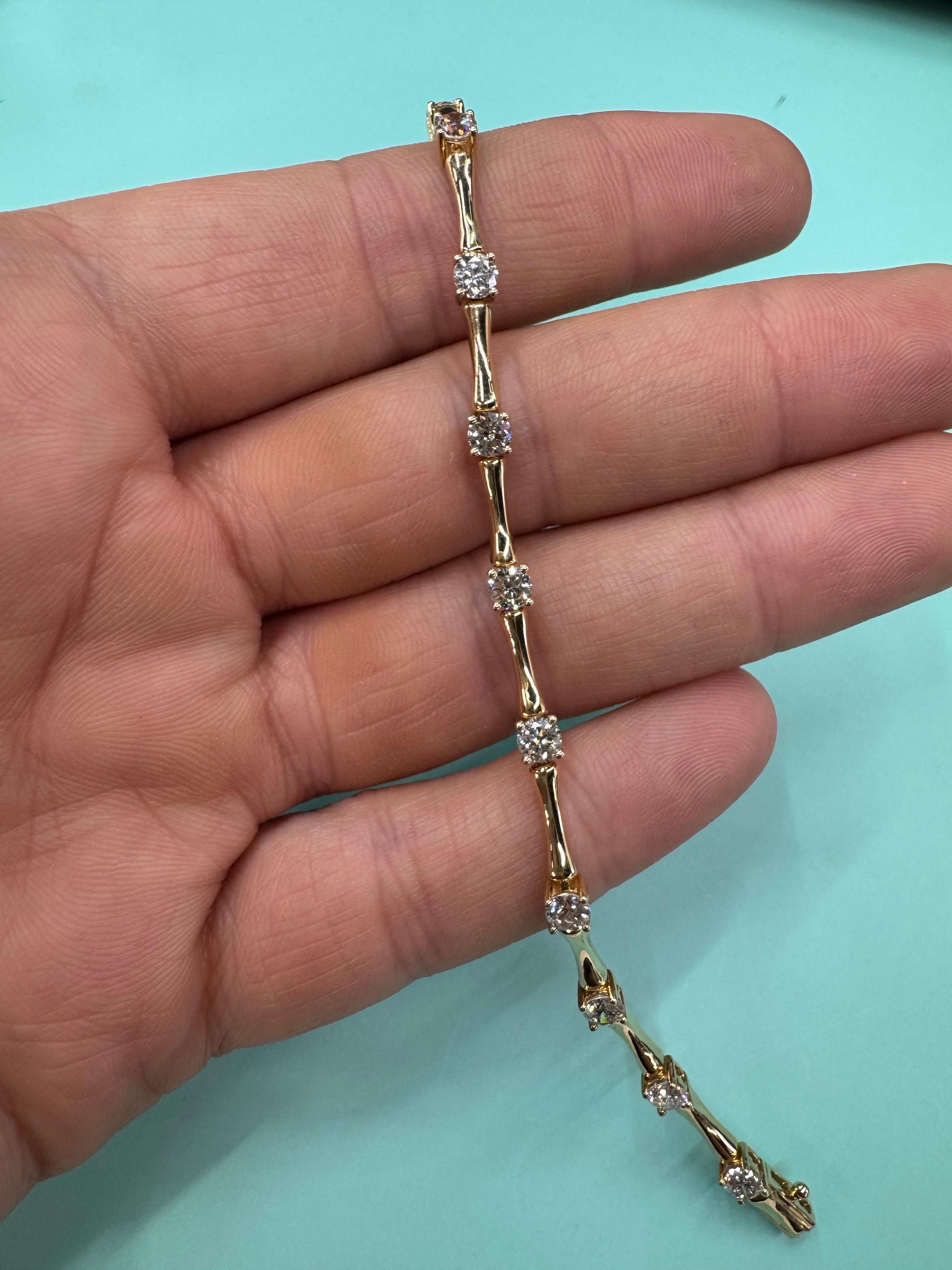 Diamond Bamboo Link Bar Bracelet 2.52 Carats 14 Karat Yellow Gold G VS2 For Sale 4