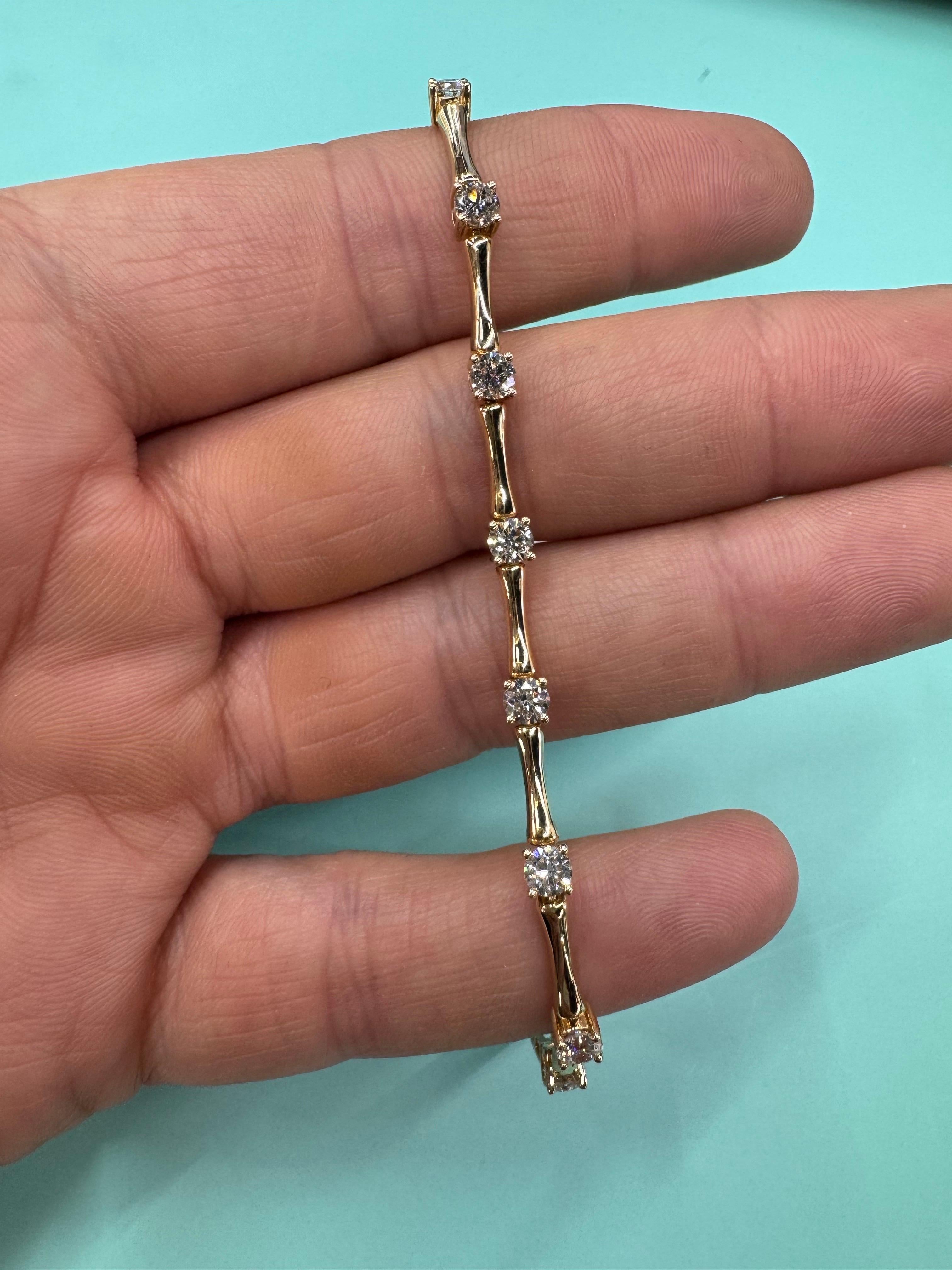 Diamond Bamboo Link Bar Bracelet 2.52 Carats 14 Karat Yellow Gold G VS2 For Sale 5