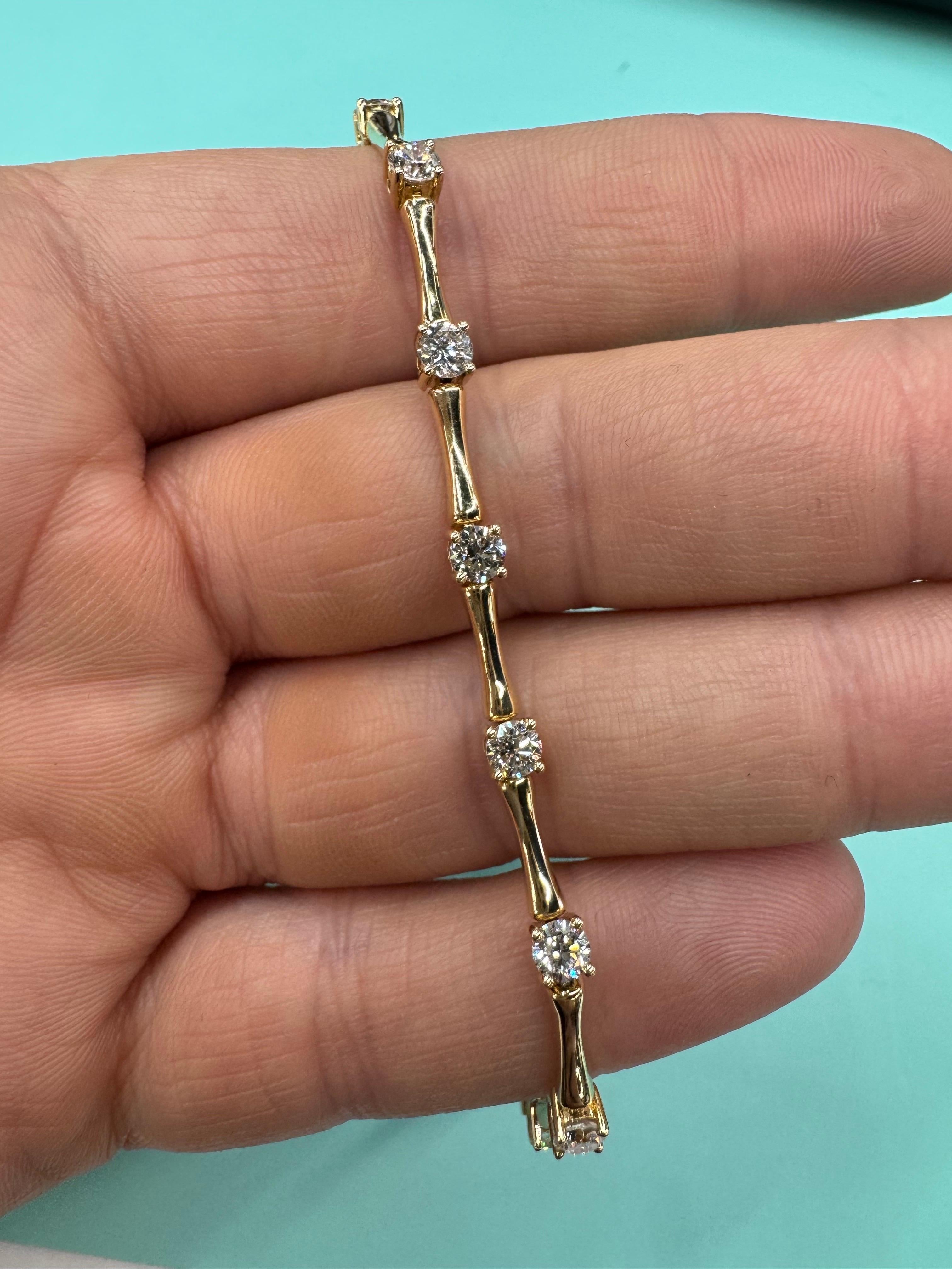 Diamond Bamboo Link Bar Bracelet 2.52 Carats 14 Karat Yellow Gold G VS2 For Sale 1