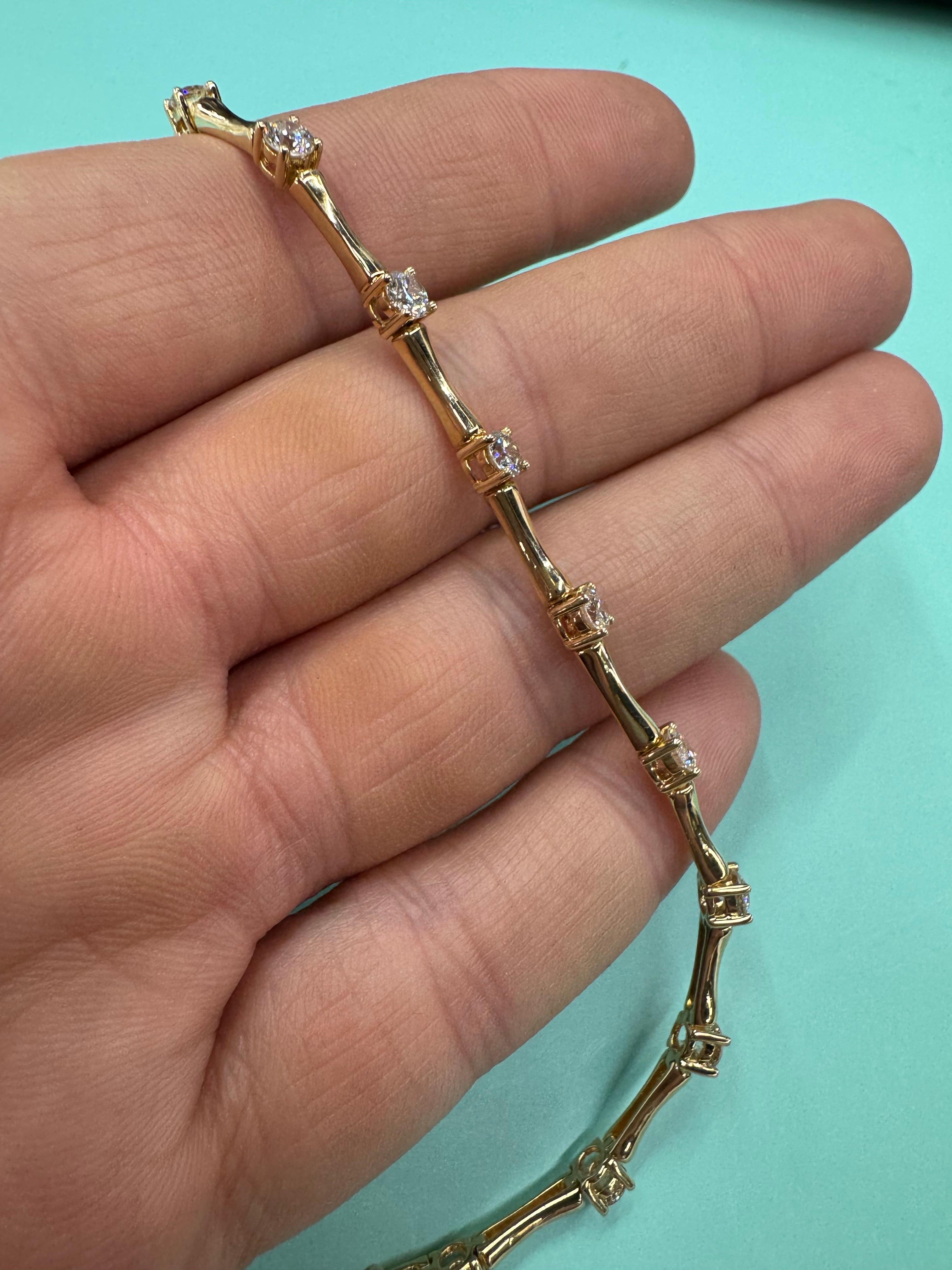 Diamond Bamboo Link Bar Bracelet 2.52 Carats 14 Karat Yellow Gold G VS2 For Sale 2