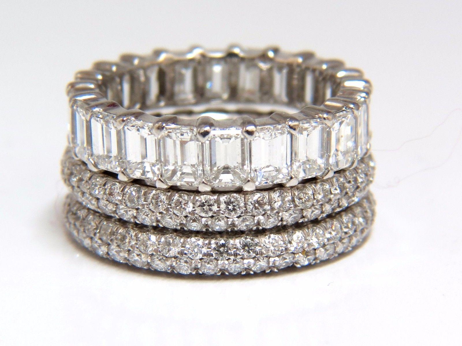 Stackable diamond bands 10.50ct stackable rings size F.G.VS 14gm Platinum & 14kt
3 Stack
10.50ct. Natural round cut brilliant diamonds (3) rings.
Bead set & Prong
Stackable prime.
7.50ct baguette diamonds
3.00ct round diamonds 
Vs-1 Vs-2 clarity  F