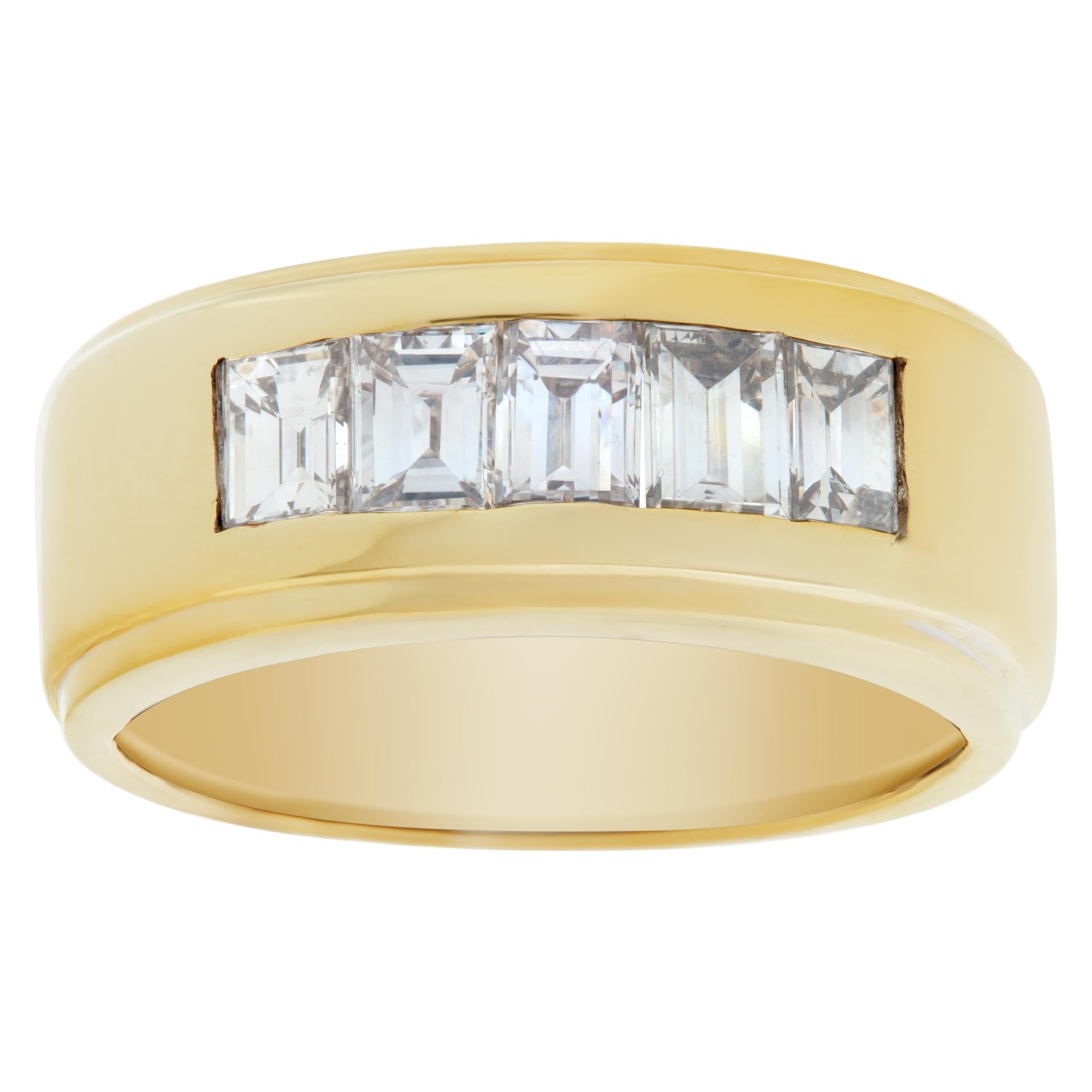 Classic diamond band in 14k yellow gold if preferred can be in white gold. Approx.  0.50 cts in white clean channel set emerald cut diamonds. 8.7mm width. Size 9.This Diamond ring is currently size 9 and some items can be sized up or down, please
