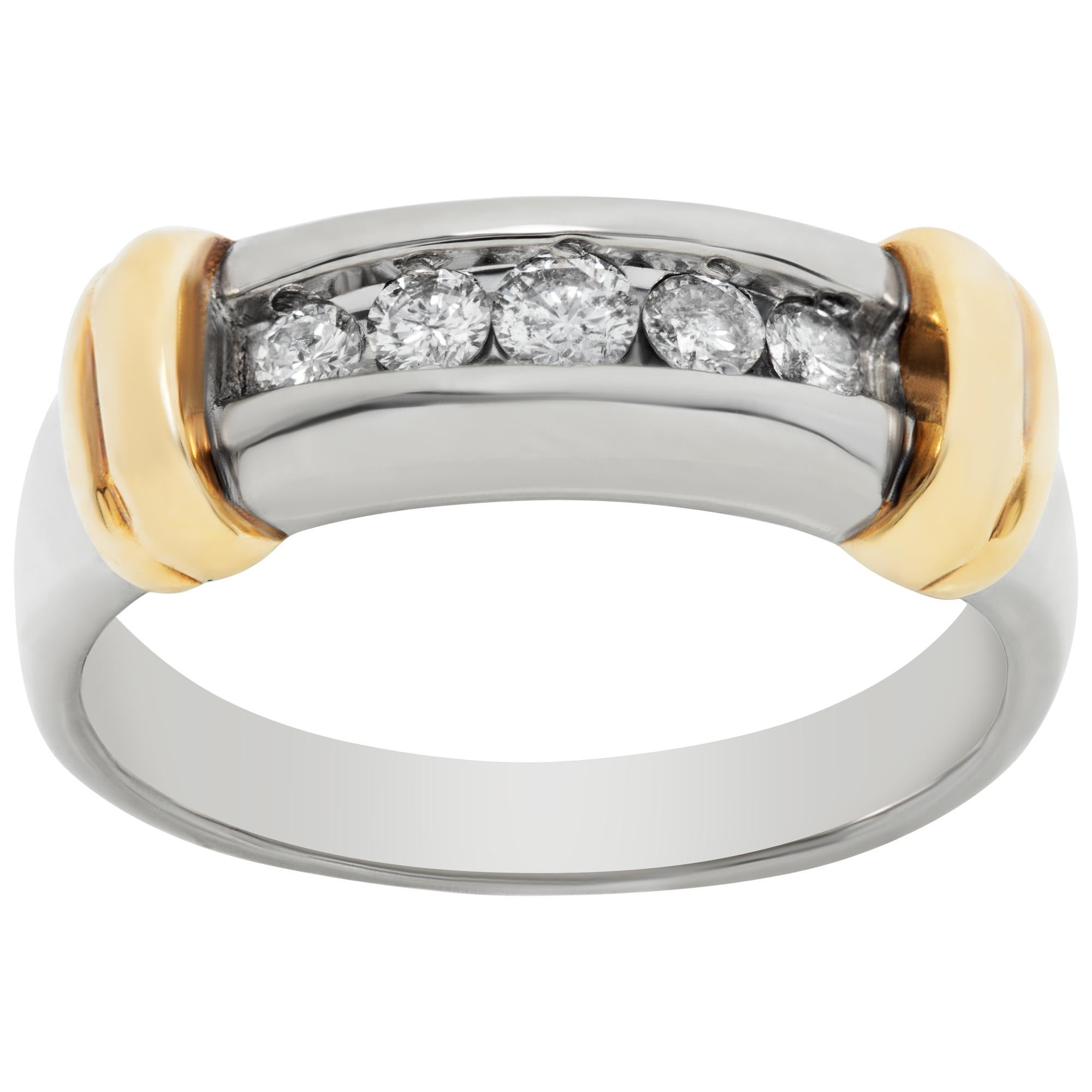 Diamond band with approximately 0.25 carat in 18k white gold and 18k yellow gold accents. Size 6.5, width 7mm, shank 3mm.This Diamond ring is currently size 6.5 and some items can be sized up or down, please ask! It weighs 3.6 pennyweights and is