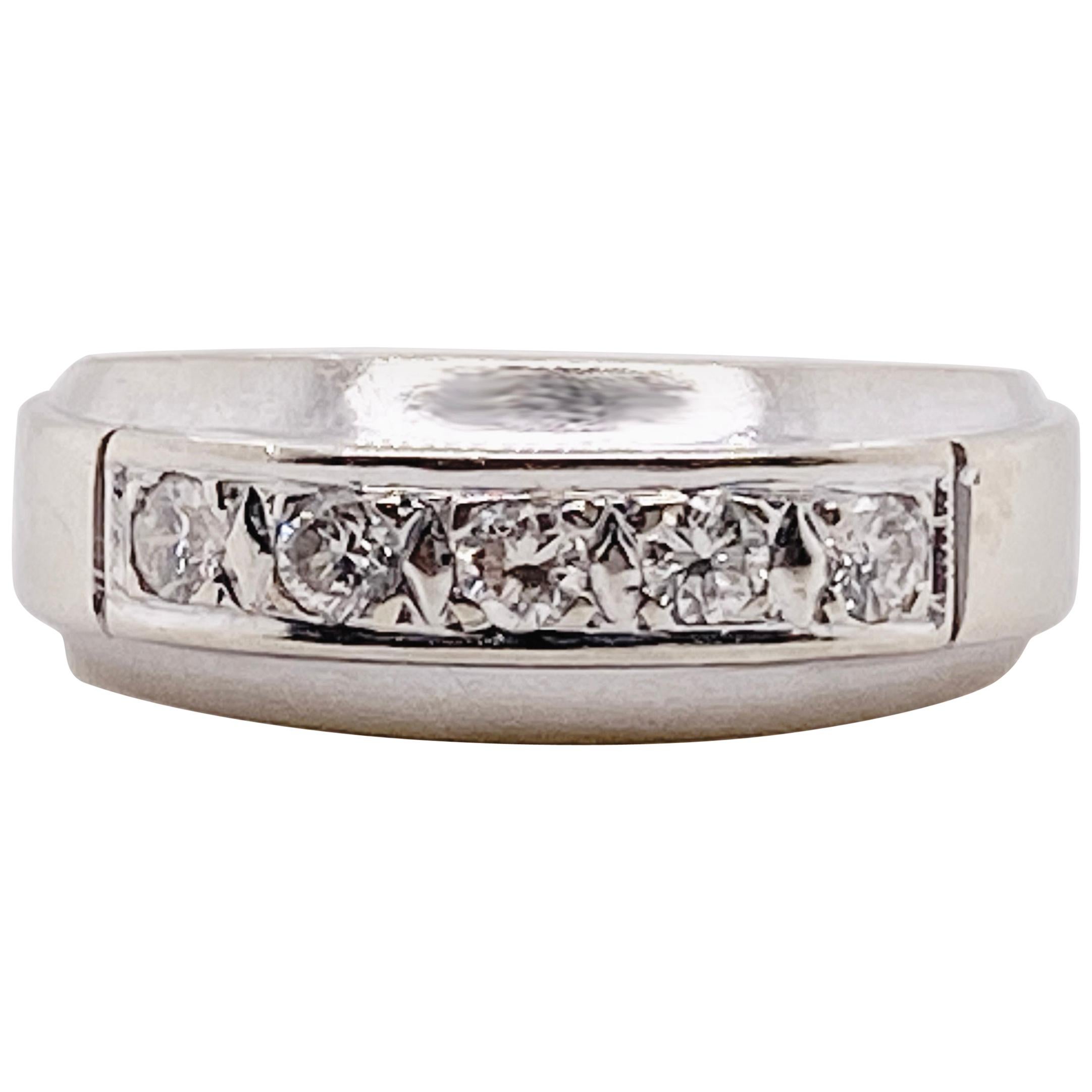 Diamond Band Ring, White Gold Five Diamonds Wedding/Anniversary, 1950